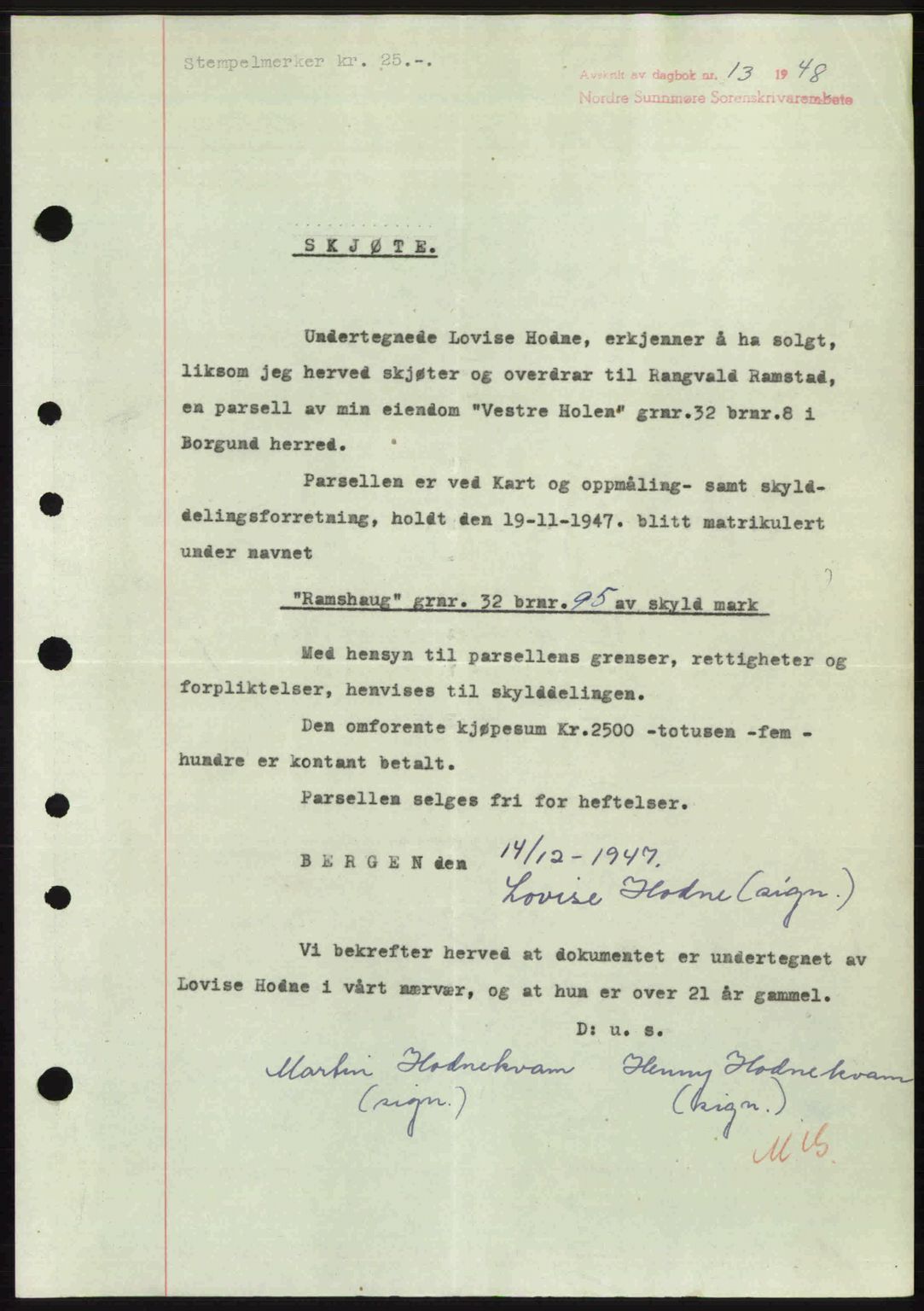 Nordre Sunnmøre sorenskriveri, AV/SAT-A-0006/1/2/2C/2Ca: Pantebok nr. A26, 1947-1948, Dagboknr: 13/1948