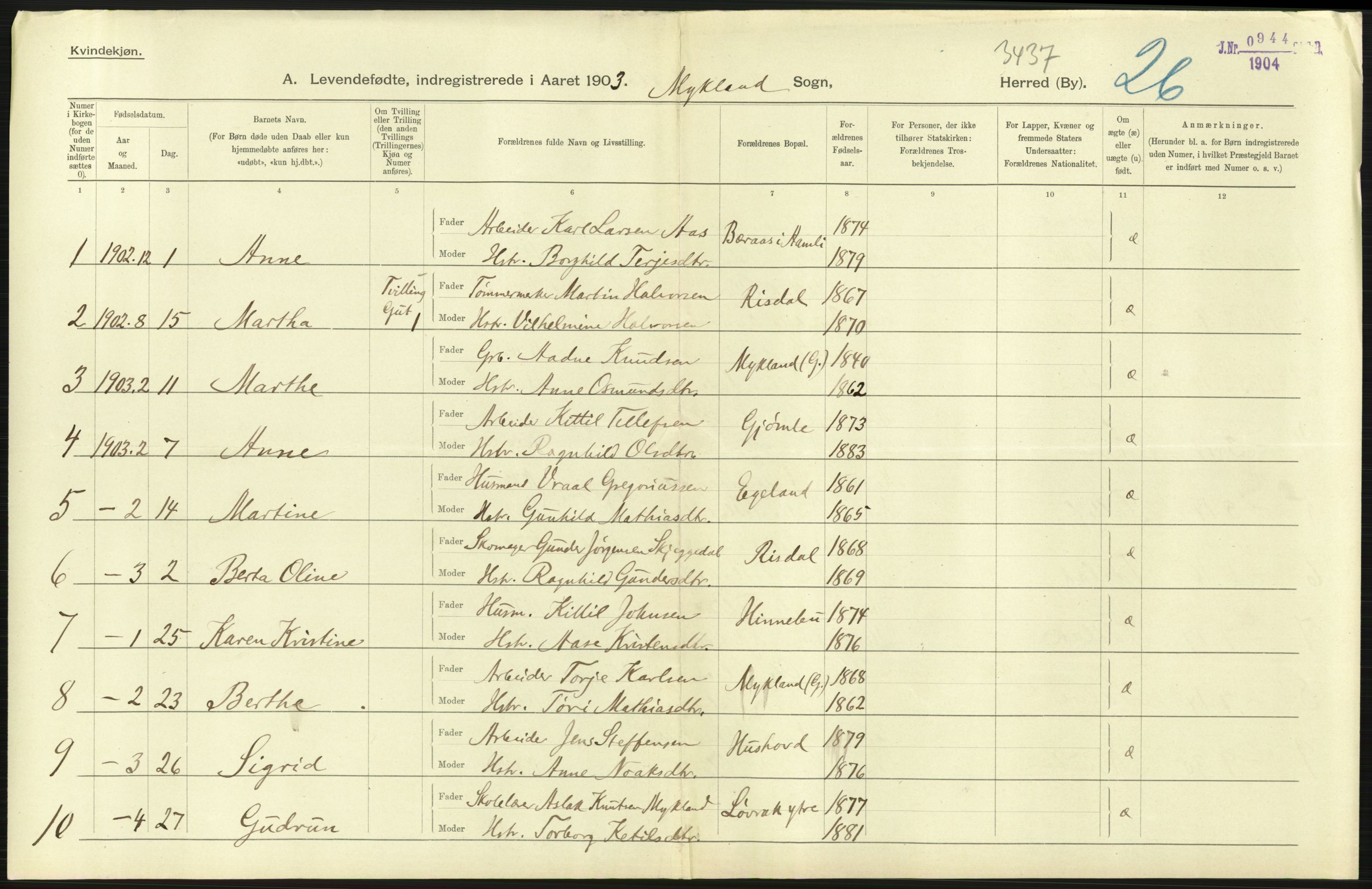 Statistisk sentralbyrå, Sosiodemografiske emner, Befolkning, AV/RA-S-2228/D/Df/Dfa/Dfaa/L0010: Nedenes amt: Fødte, gifte, døde, 1903, s. 47