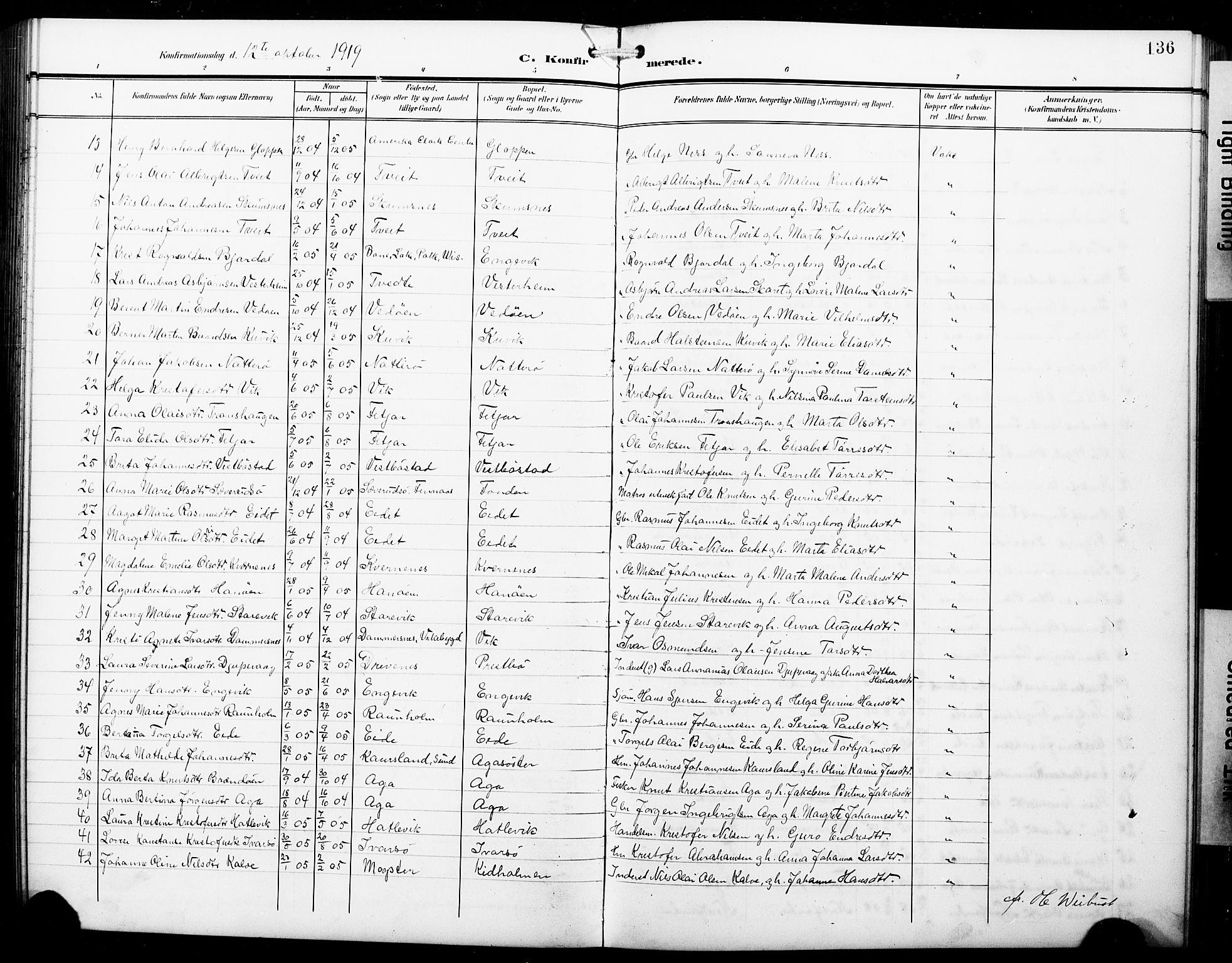 Fitjar sokneprestembete, AV/SAB-A-99926: Klokkerbok nr. B 1, 1906-1928, s. 136