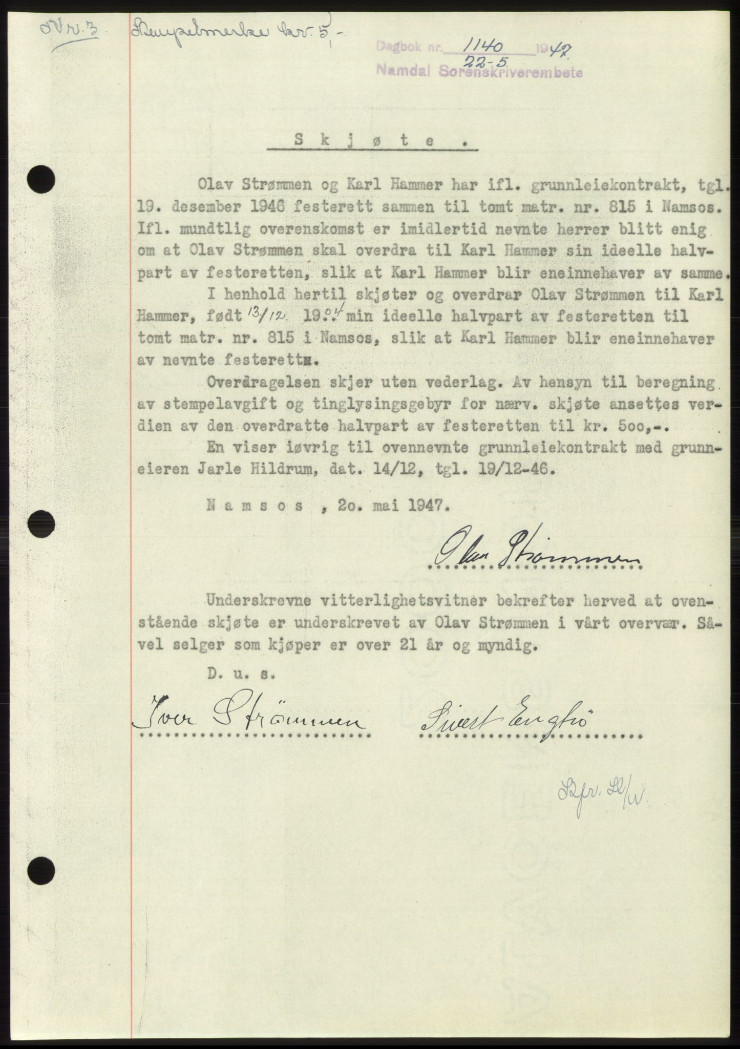 Namdal sorenskriveri, SAT/A-4133/1/2/2C: Pantebok nr. -, 1947-1947, Dagboknr: 1140/1947