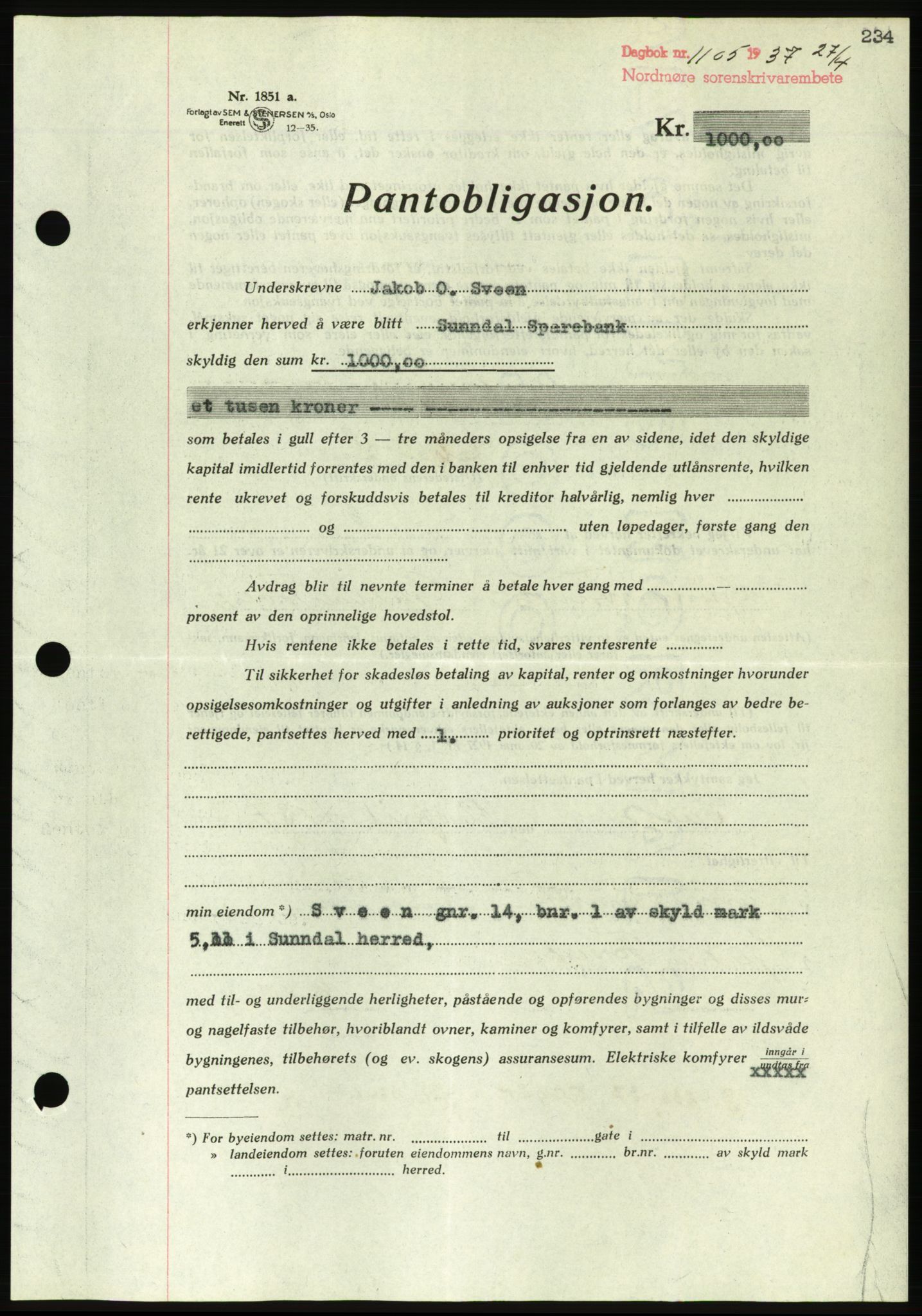 Nordmøre sorenskriveri, AV/SAT-A-4132/1/2/2Ca/L0091: Pantebok nr. B81, 1937-1937, Dagboknr: 1105/1937