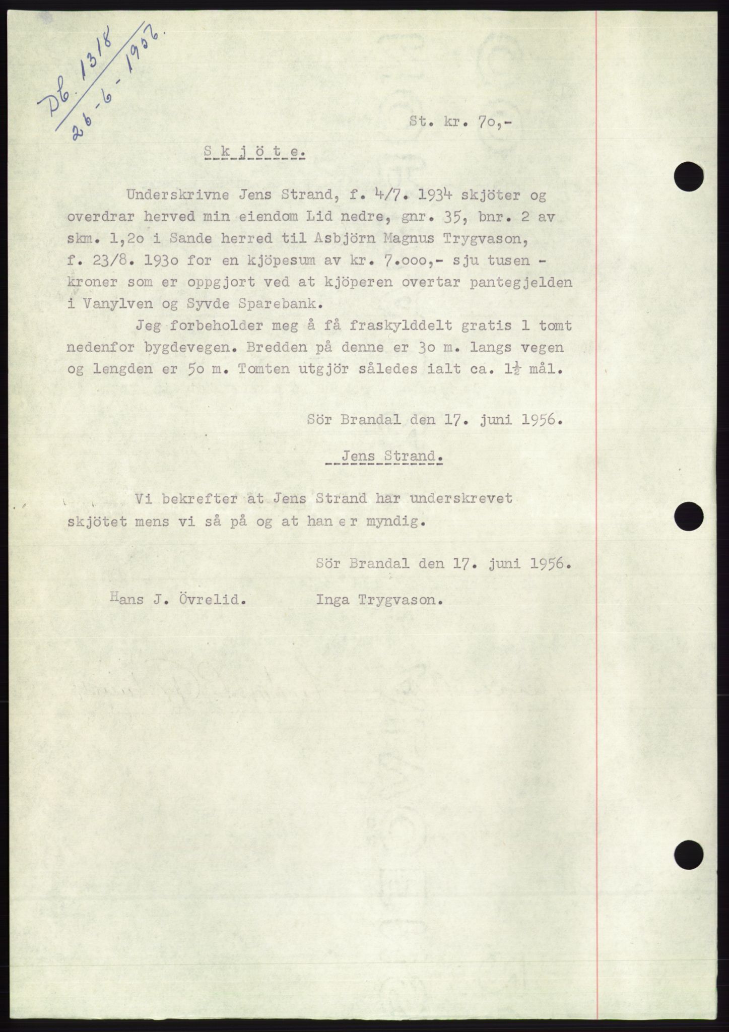 Søre Sunnmøre sorenskriveri, AV/SAT-A-4122/1/2/2C/L0104: Pantebok nr. 30A, 1956-1956, Dagboknr: 1318/1956