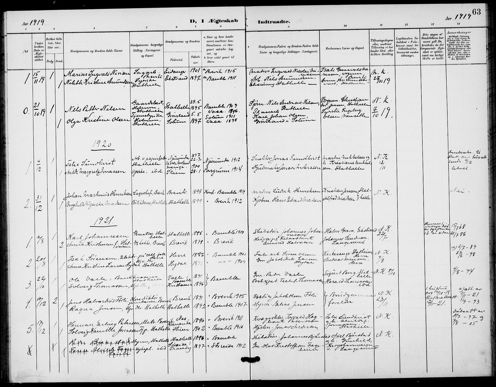 Bamble kirkebøker, AV/SAKO-A-253/G/Gb/L0002: Klokkerbok nr. II 2, 1900-1925, s. 63