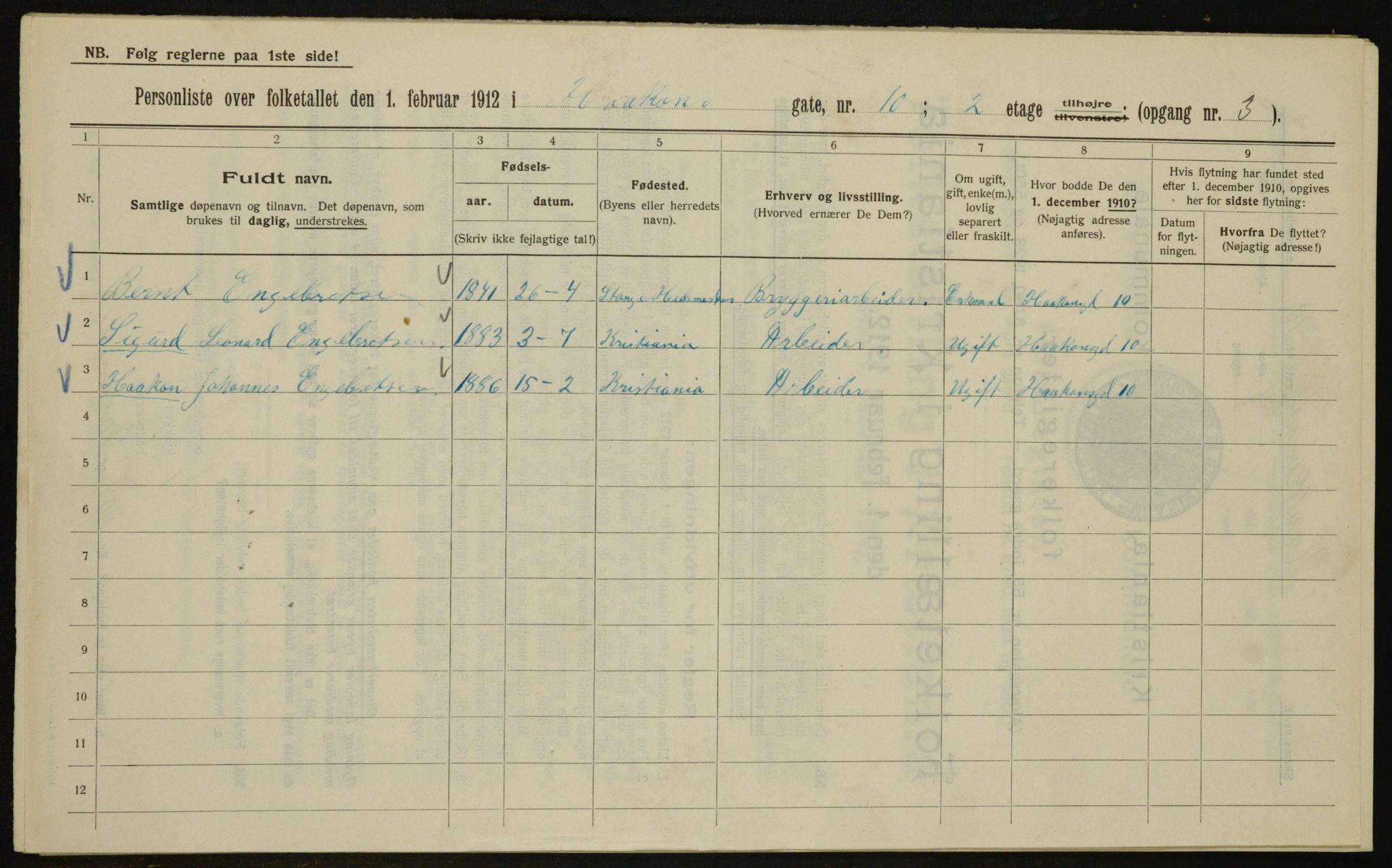 OBA, Kommunal folketelling 1.2.1912 for Kristiania, 1912, s. 43147