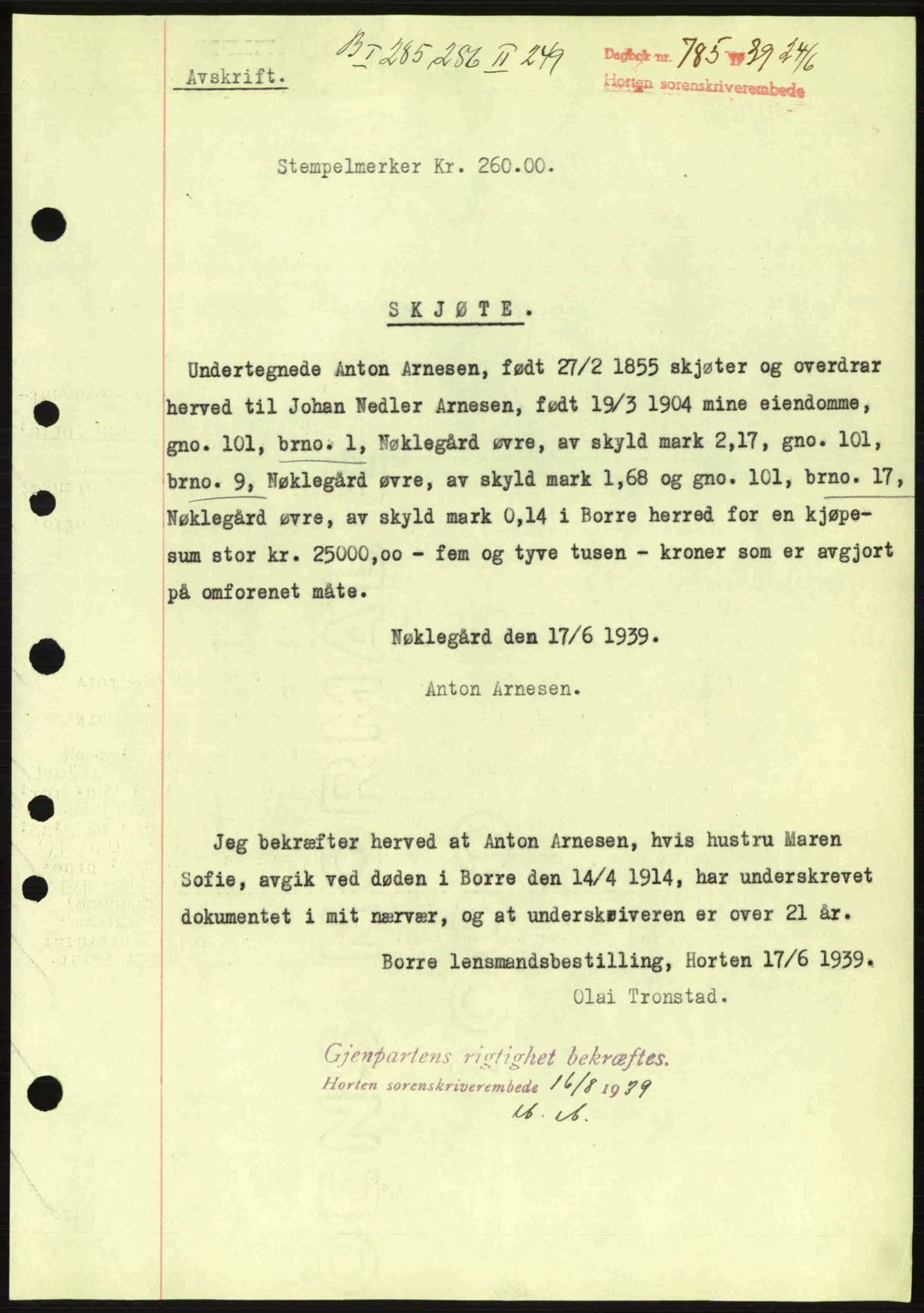 Horten sorenskriveri, SAKO/A-133/G/Ga/Gaa/L0003: Pantebok nr. A-3, 1939-1940, Dagboknr: 785/1939