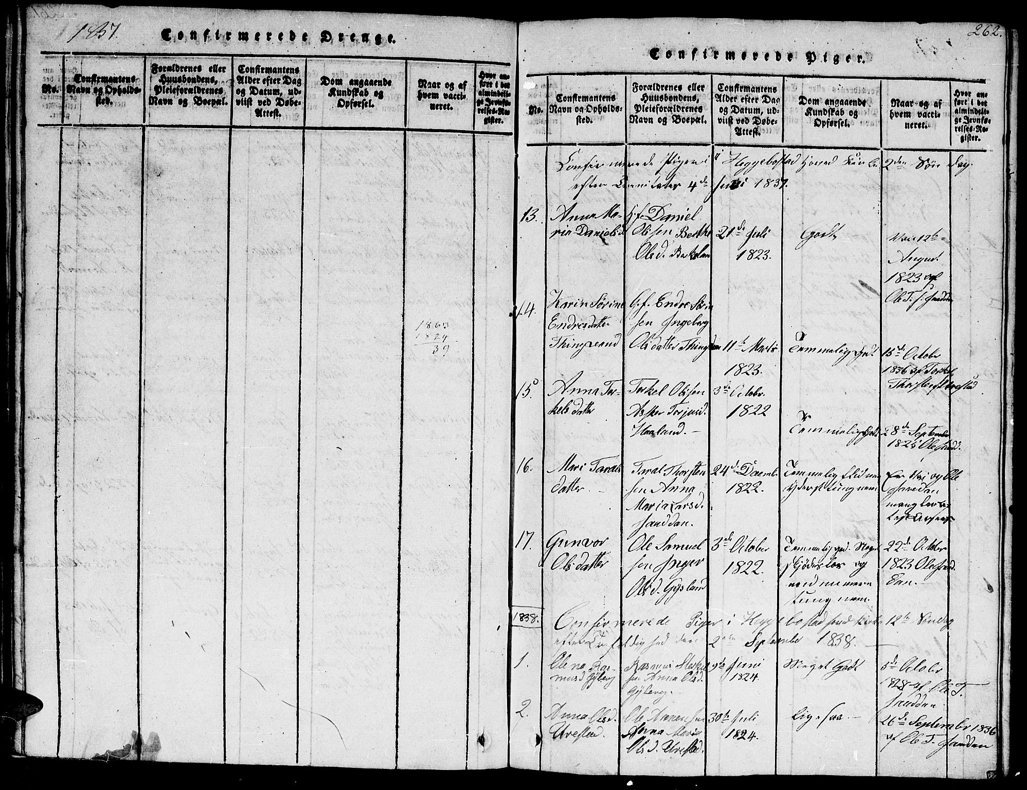 Hægebostad sokneprestkontor, SAK/1111-0024/F/Fb/Fba/L0001: Klokkerbok nr. B 1, 1815-1844, s. 262