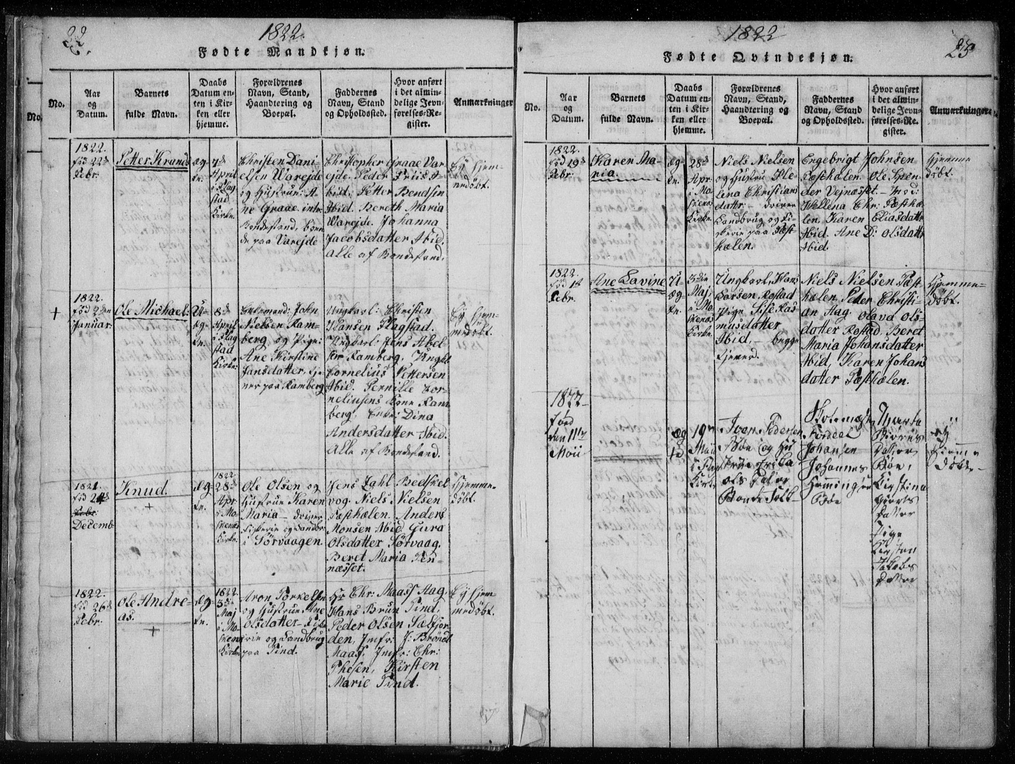 Ministerialprotokoller, klokkerbøker og fødselsregistre - Nordland, SAT/A-1459/885/L1201: Ministerialbok nr. 885A02, 1820-1837, s. 22-23