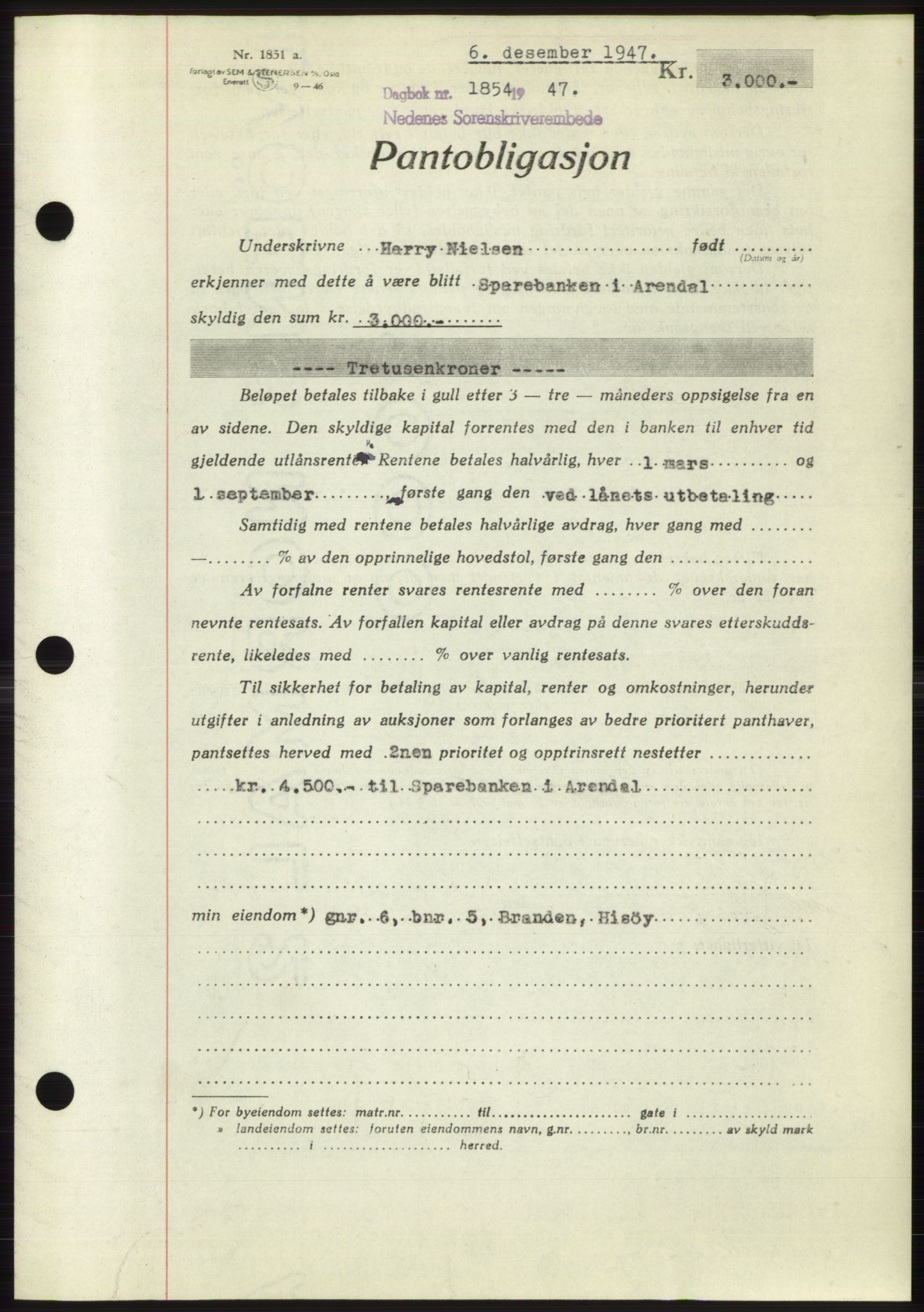 Nedenes sorenskriveri, SAK/1221-0006/G/Gb/Gbb/L0004: Pantebok nr. B4, 1947-1947, Dagboknr: 1854/1947