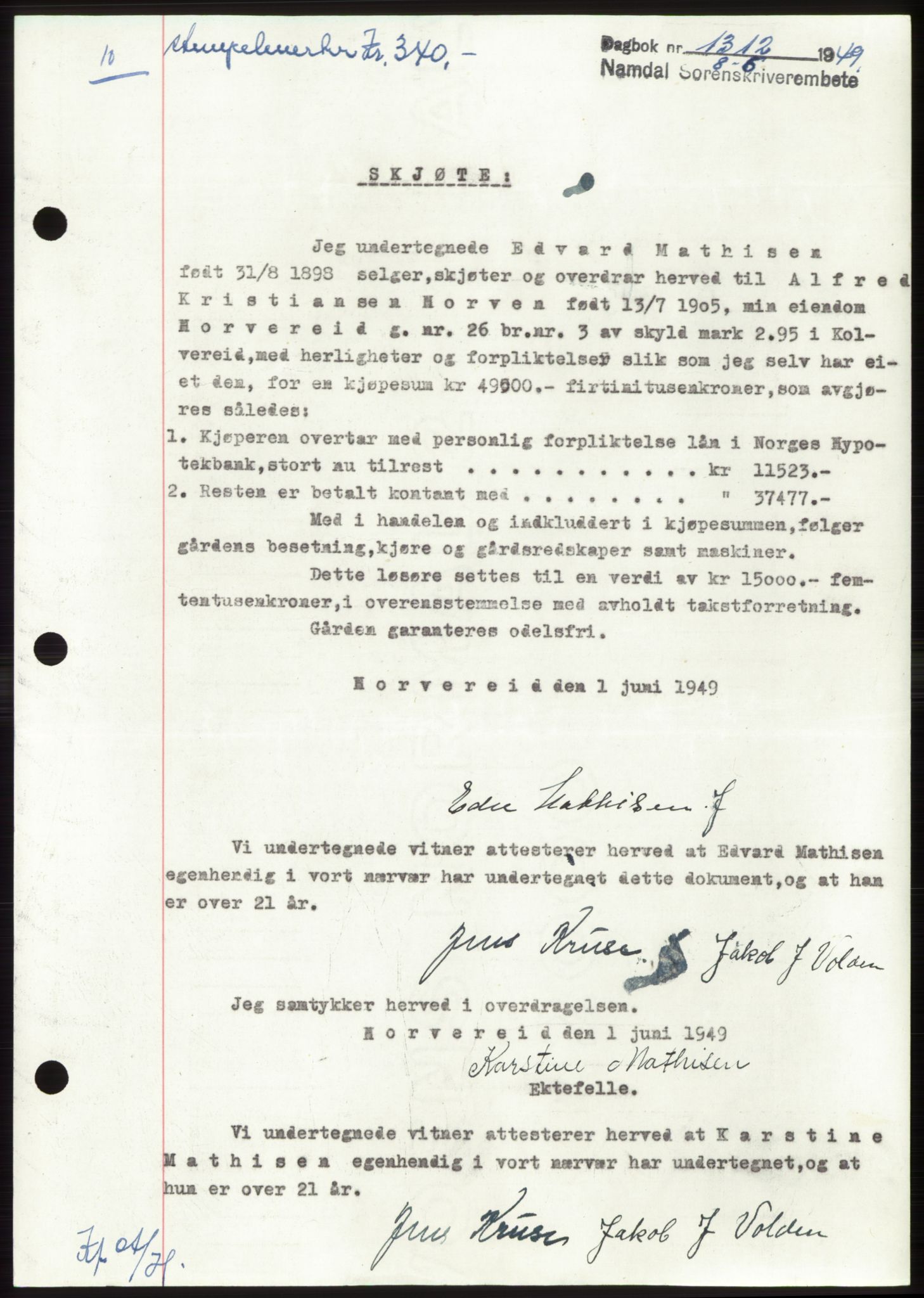 Namdal sorenskriveri, SAT/A-4133/1/2/2C: Pantebok nr. -, 1949-1949, Dagboknr: 1312/1949