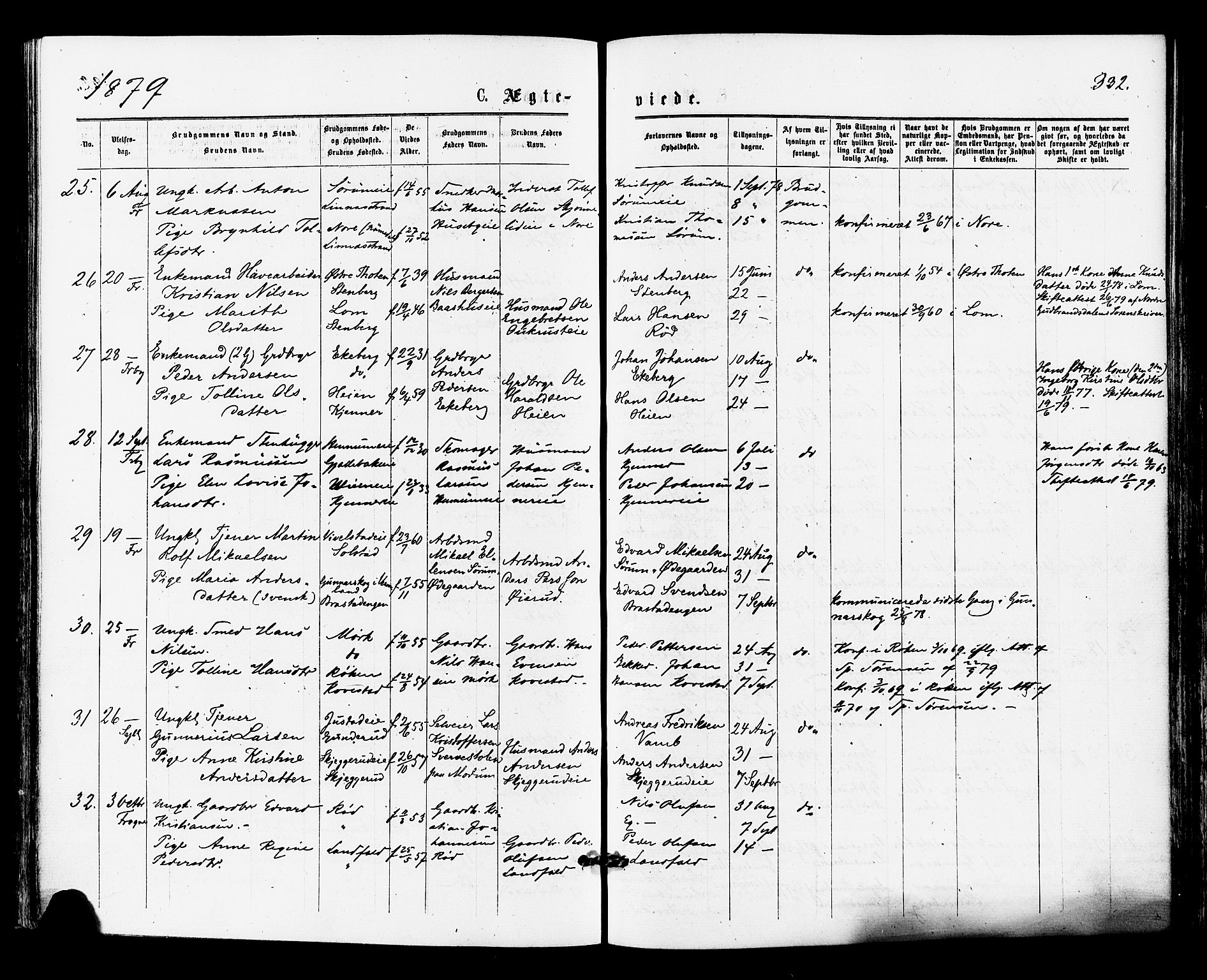 Lier kirkebøker, AV/SAKO-A-230/F/Fa/L0014: Ministerialbok nr. I 14, 1875-1882, s. 332