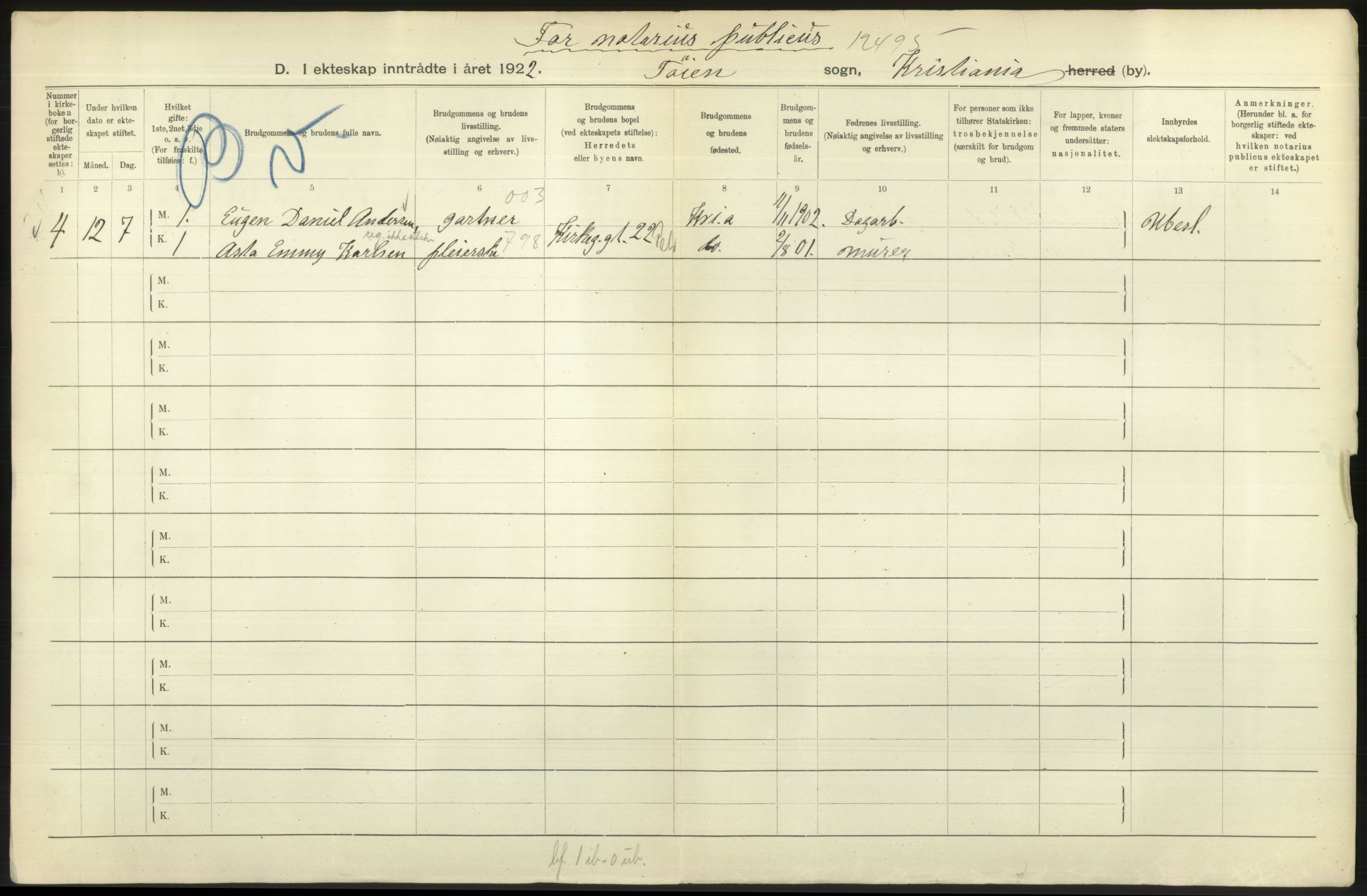 Statistisk sentralbyrå, Sosiodemografiske emner, Befolkning, RA/S-2228/D/Df/Dfc/Dfcb/L0008: Kristiania: Gifte, 1922, s. 224