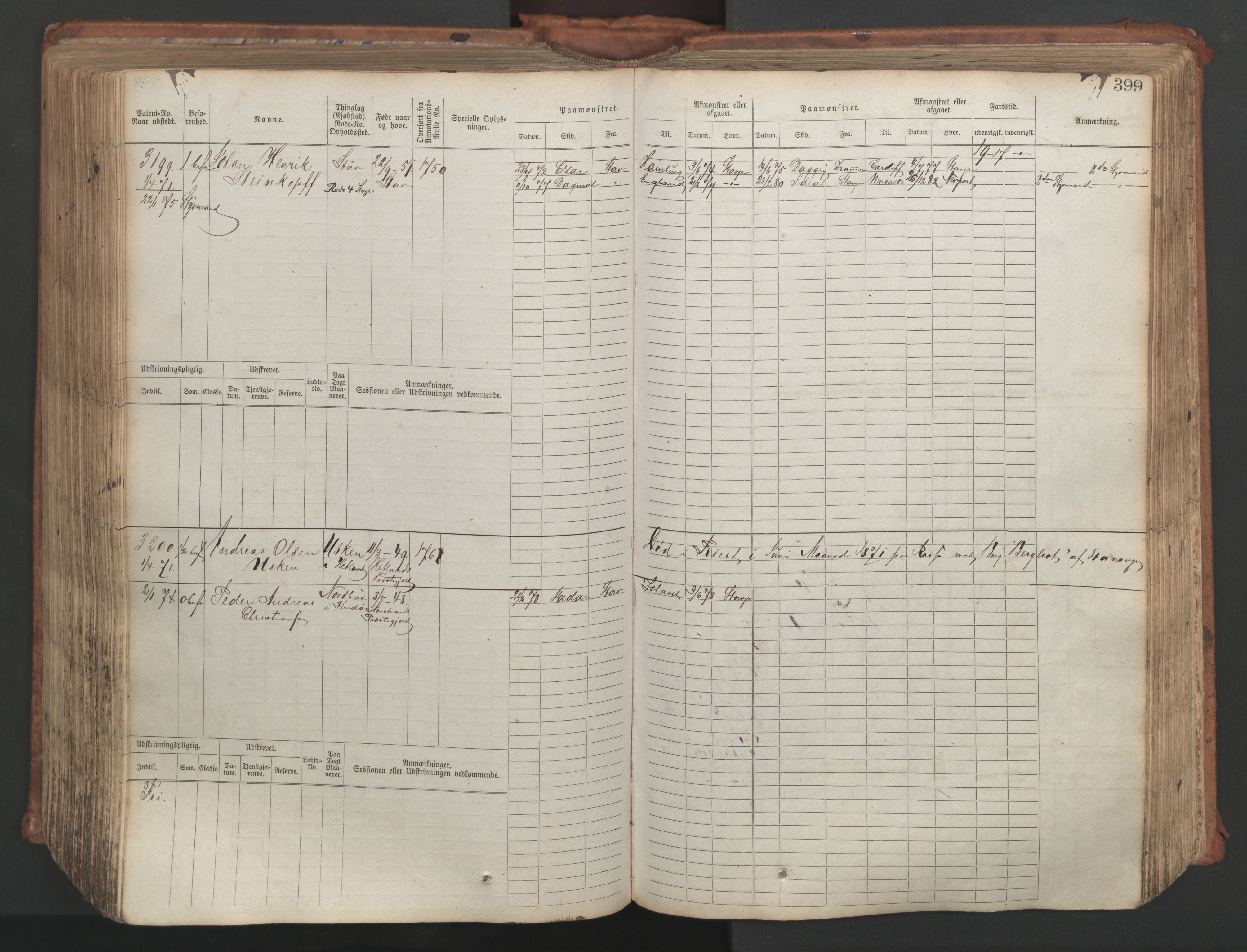 Stavanger sjømannskontor, SAST/A-102006/F/Fb/Fbb/L0007: Sjøfartshovedrulle, patentnr. 2403-3604, 1869-1880, s. 446