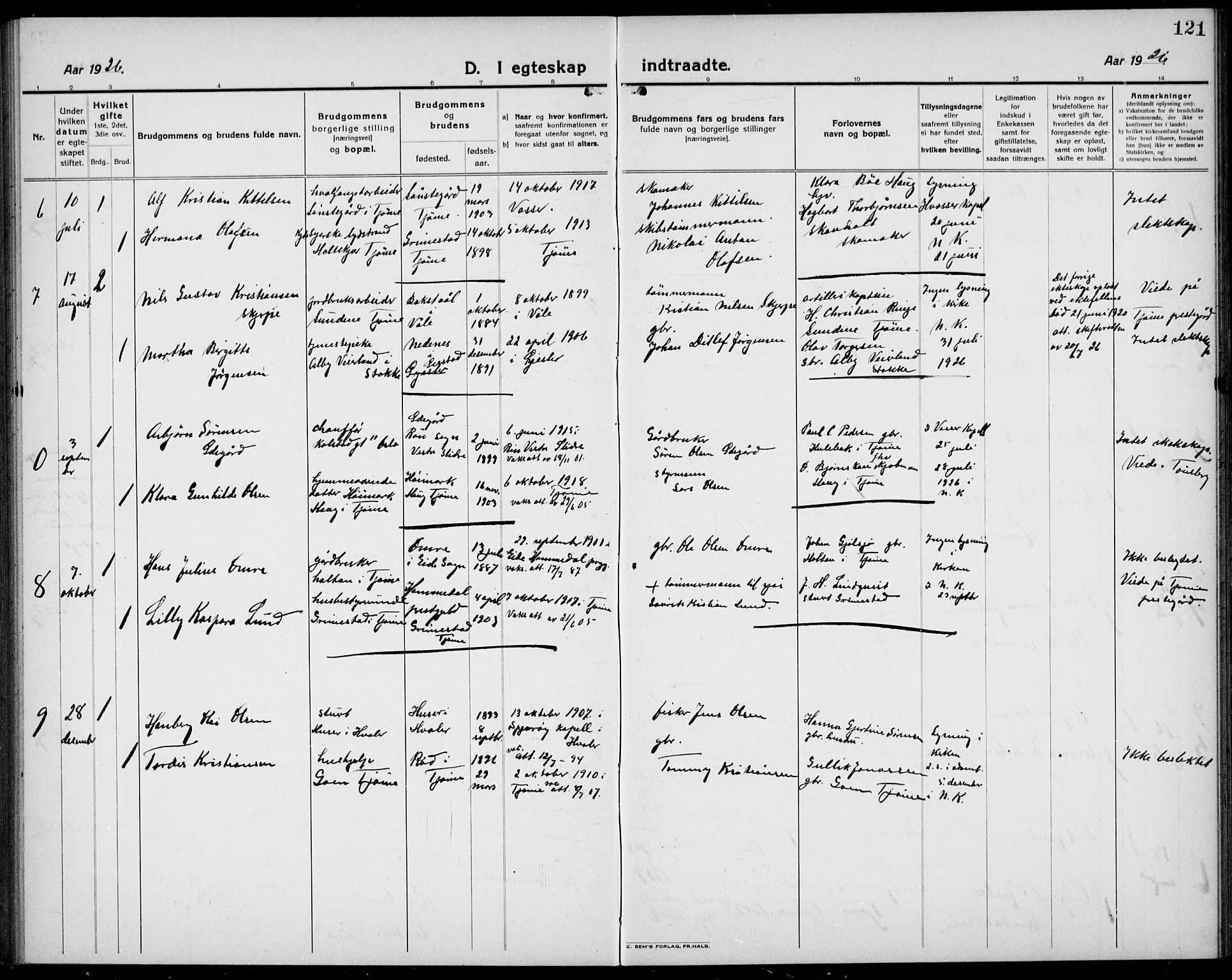 Tjøme kirkebøker, AV/SAKO-A-328/G/Ga/L0003: Klokkerbok nr. I 3, 1921-1935, s. 121