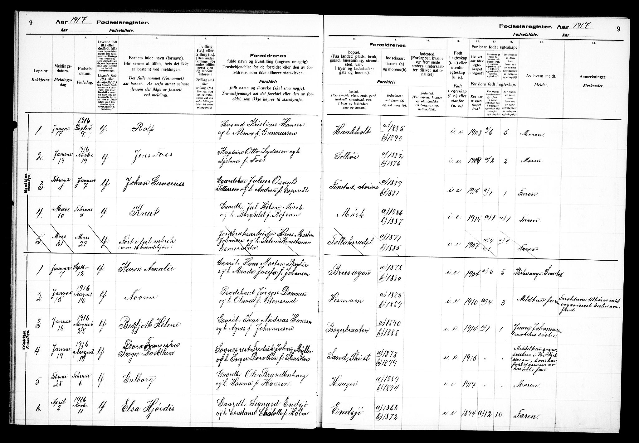 Kråkstad prestekontor Kirkebøker, SAO/A-10125a/J/Jb/L0001: Fødselsregister nr. II 1, 1916-1936, s. 9