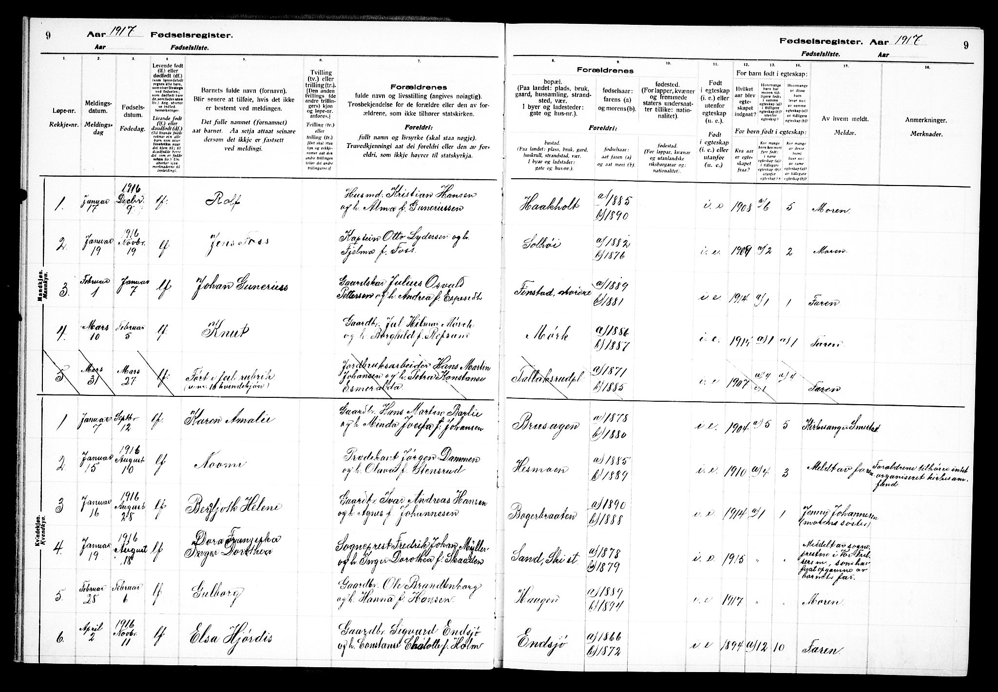 Kråkstad prestekontor Kirkebøker, AV/SAO-A-10125a/J/Jb/L0001: Fødselsregister nr. II 1, 1916-1936, s. 9