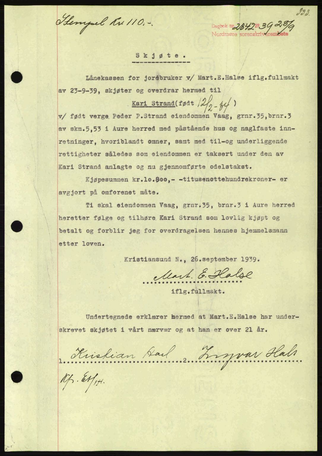 Nordmøre sorenskriveri, SAT/A-4132/1/2/2Ca: Pantebok nr. A87, 1939-1940, Dagboknr: 2842/1939