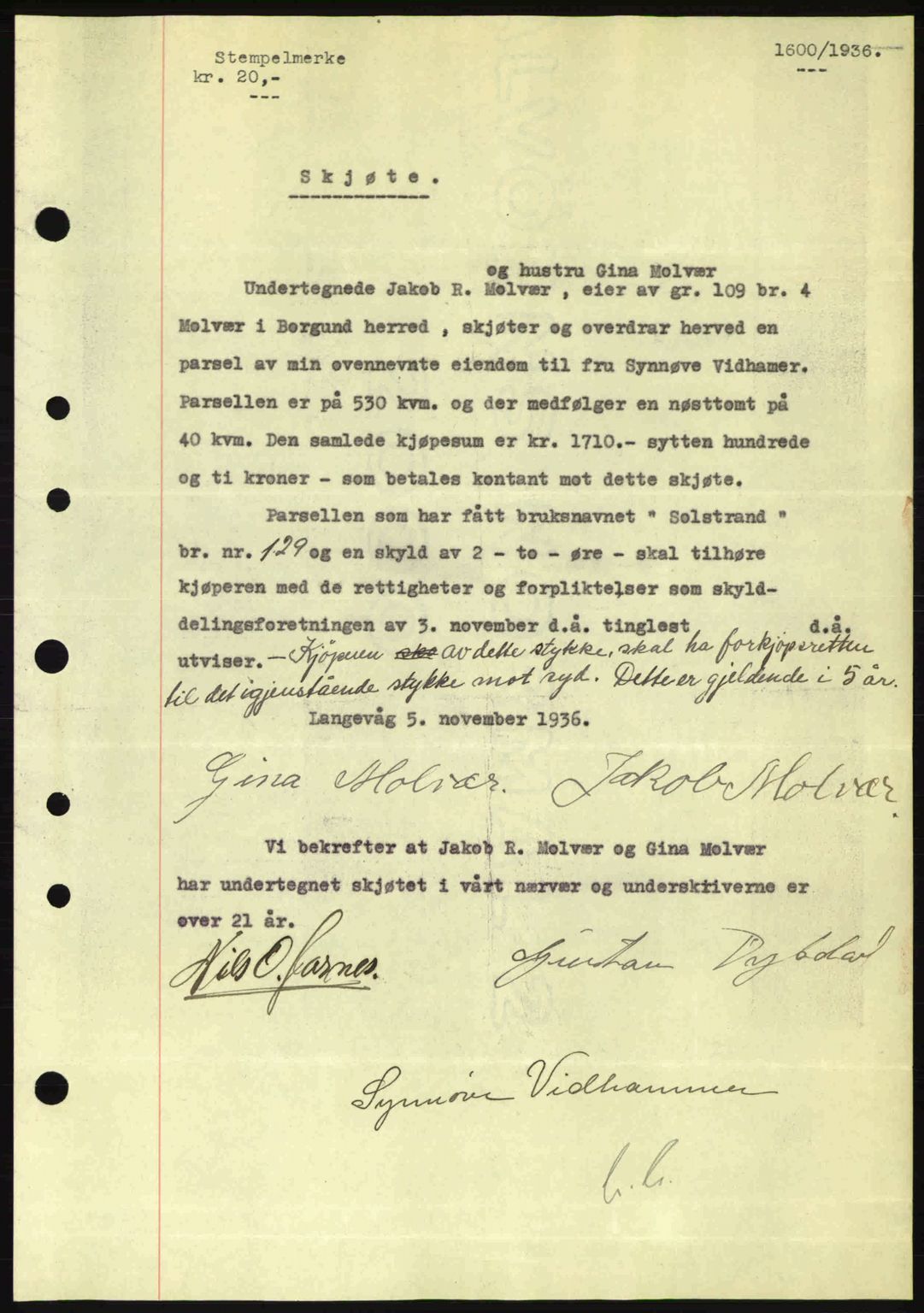 Nordre Sunnmøre sorenskriveri, SAT/A-0006/1/2/2C/2Ca: Pantebok nr. A2, 1936-1937, Dagboknr: 1600/1936