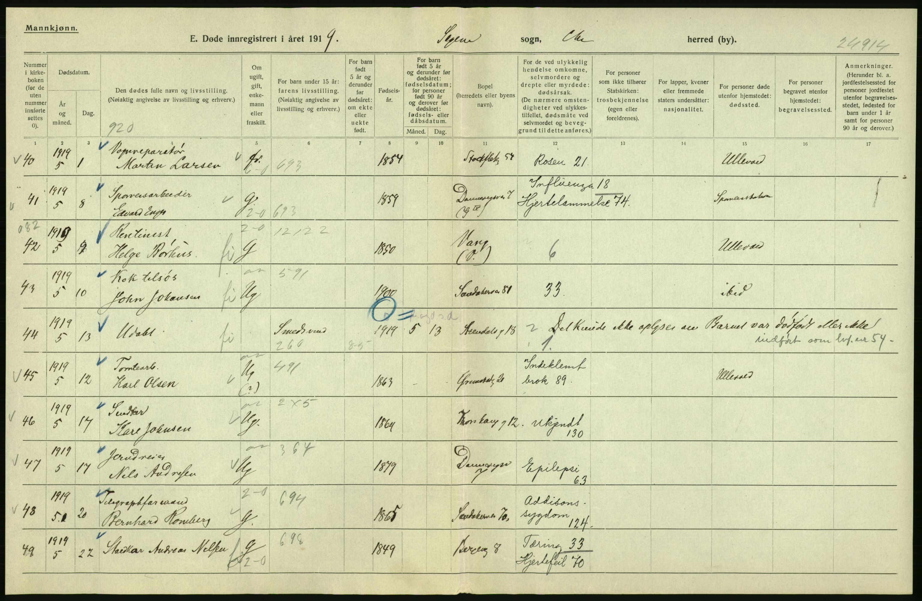 Statistisk sentralbyrå, Sosiodemografiske emner, Befolkning, AV/RA-S-2228/D/Df/Dfb/Dfbi/L0010: Kristiania: Døde, 1919, s. 310