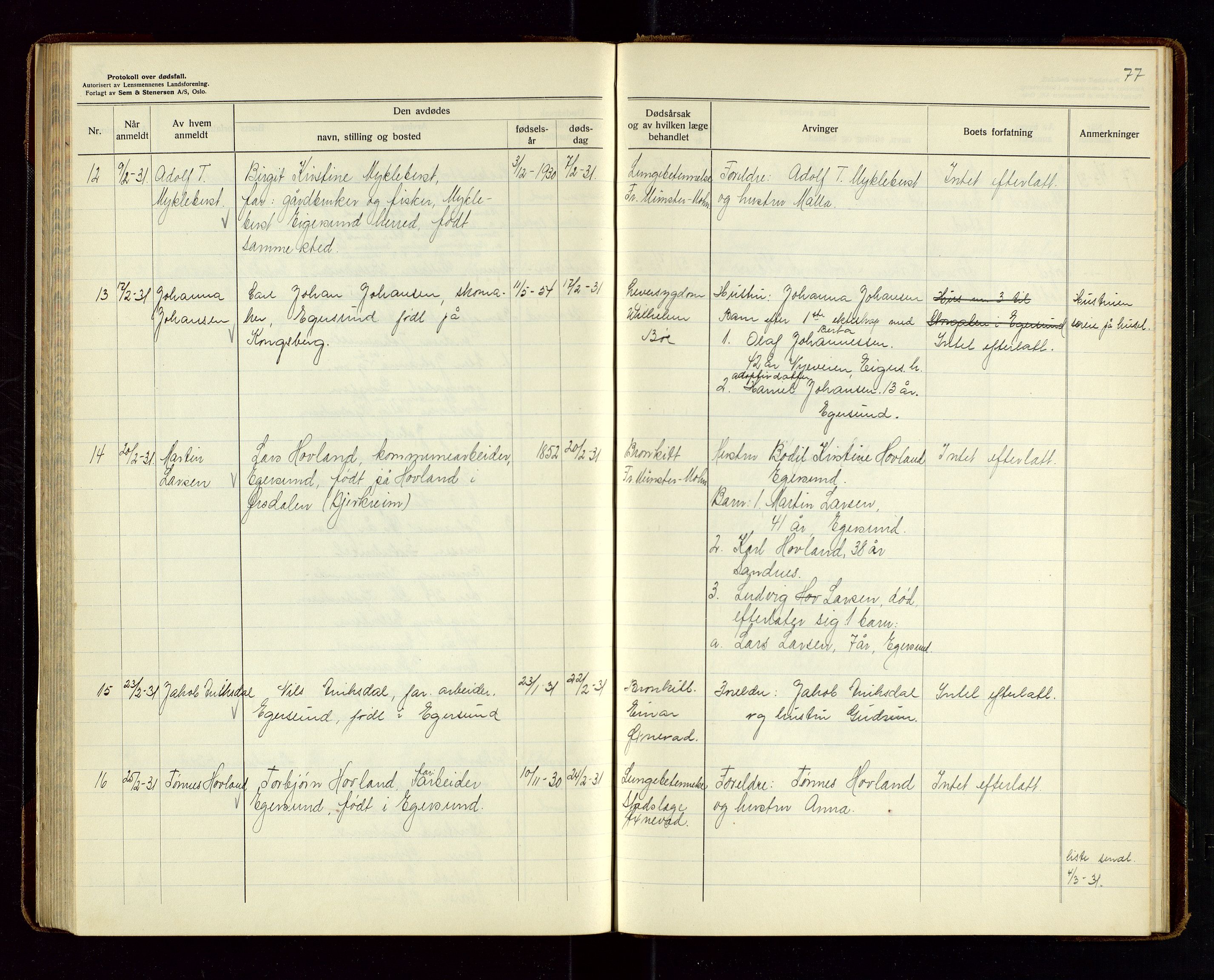 Eigersund lensmannskontor, AV/SAST-A-100171/Gga/L0011: "Protokoll over anmeldte dødsfall" m/alfabetisk navneregister, 1928-1931, s. 77