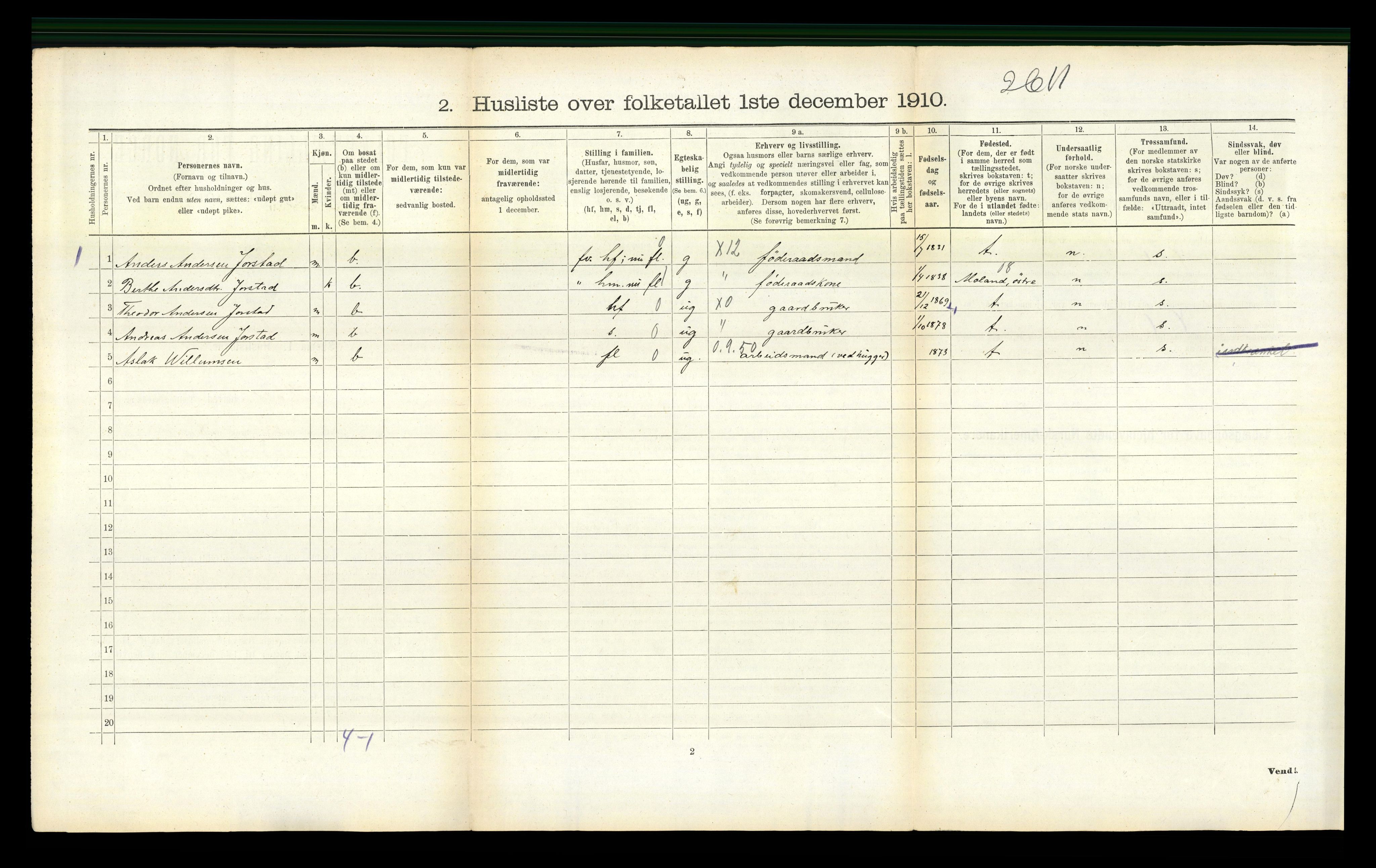 RA, Folketelling 1910 for 0914 Holt herred, 1910, s. 711