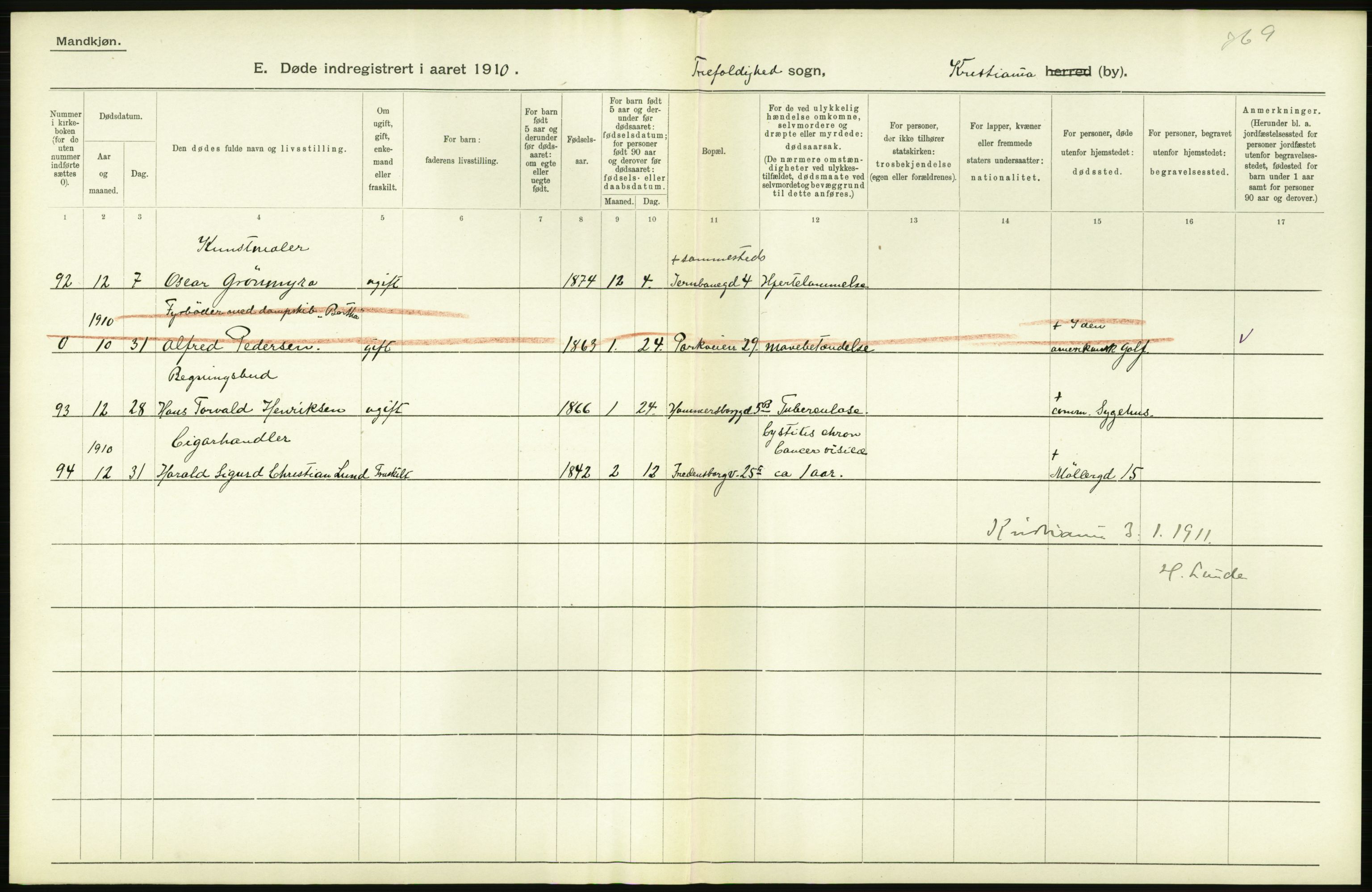 Statistisk sentralbyrå, Sosiodemografiske emner, Befolkning, RA/S-2228/D/Df/Dfa/Dfah/L0008: Kristiania: Døde, 1910, s. 812