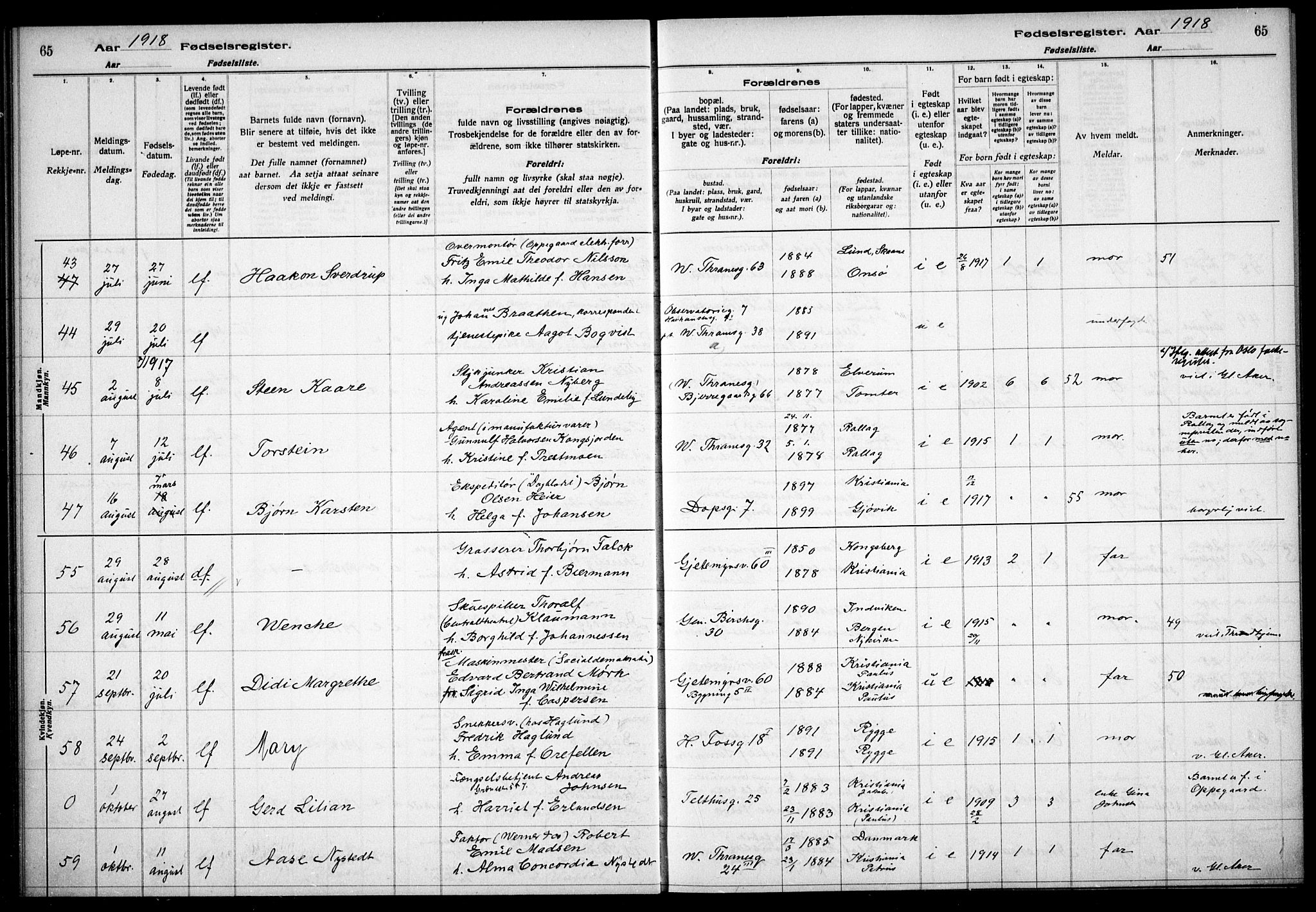Gamle Aker prestekontor Kirkebøker, AV/SAO-A-10617a/J/L0001: Fødselsregister nr. 1, 1916-1927, s. 65