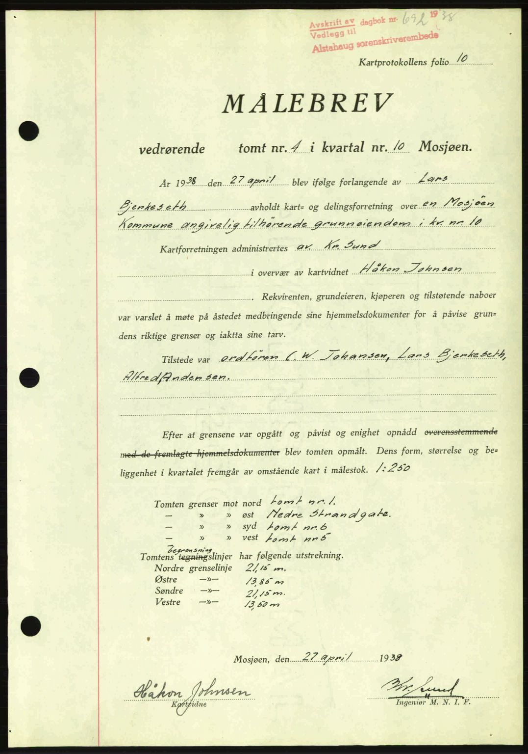 Alstahaug sorenskriveri, SAT/A-1009: Pantebok nr. A3, 1937-1938, Dagboknr: 692/1938