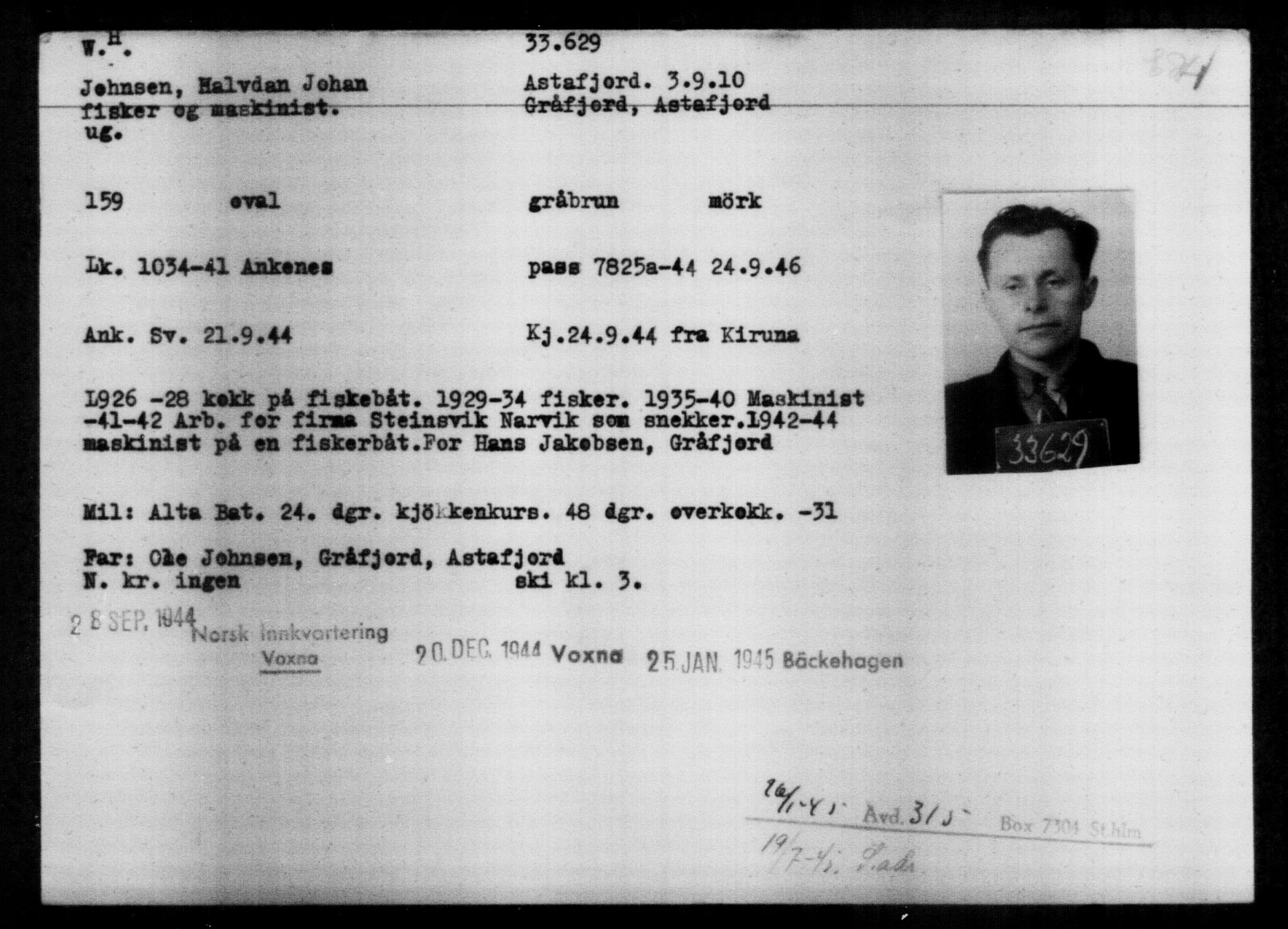 Utenriksstasjonene, Legasjonen i Stockholm, Flyktningkontoret, AV/RA-S-6753/V/Va/L0013: Kjesäterkartoteket, flyktninger med registreringsnr. 31500-34731, 1940-1945, s. 2247