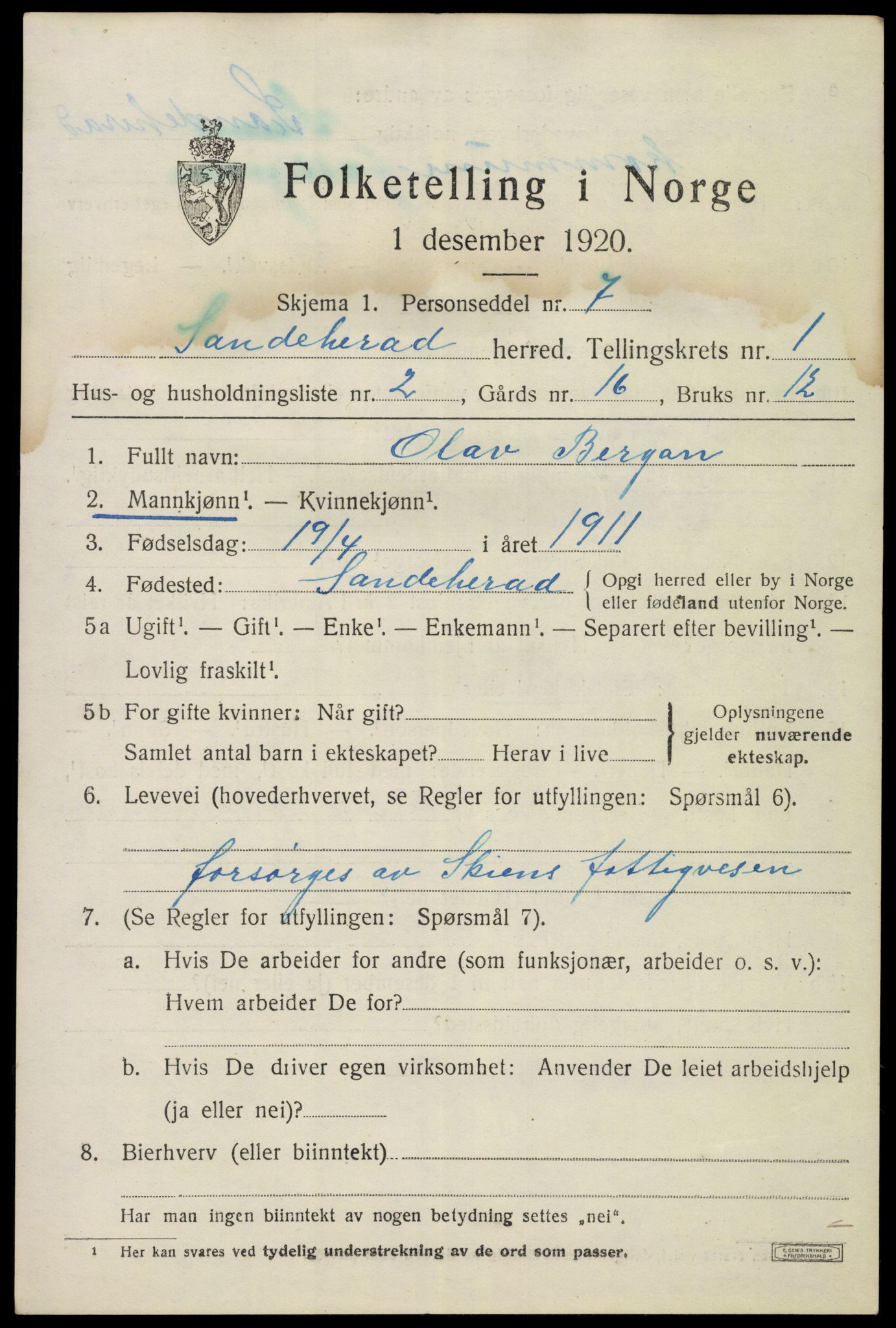 SAKO, Folketelling 1920 for 0724 Sandeherred herred, 1920, s. 3778