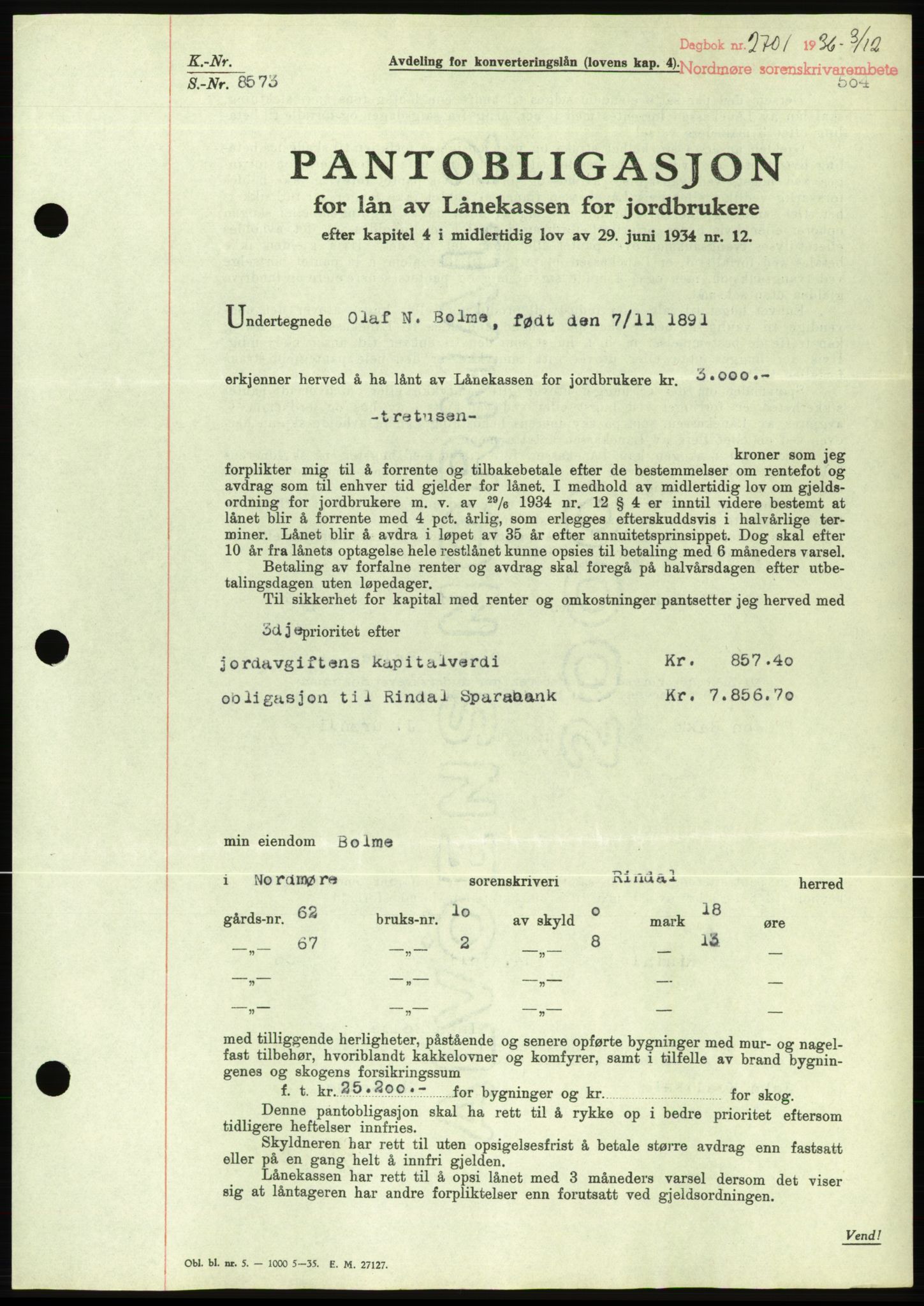 Nordmøre sorenskriveri, AV/SAT-A-4132/1/2/2Ca/L0090: Pantebok nr. B80, 1936-1937, Dagboknr: 2701/1936