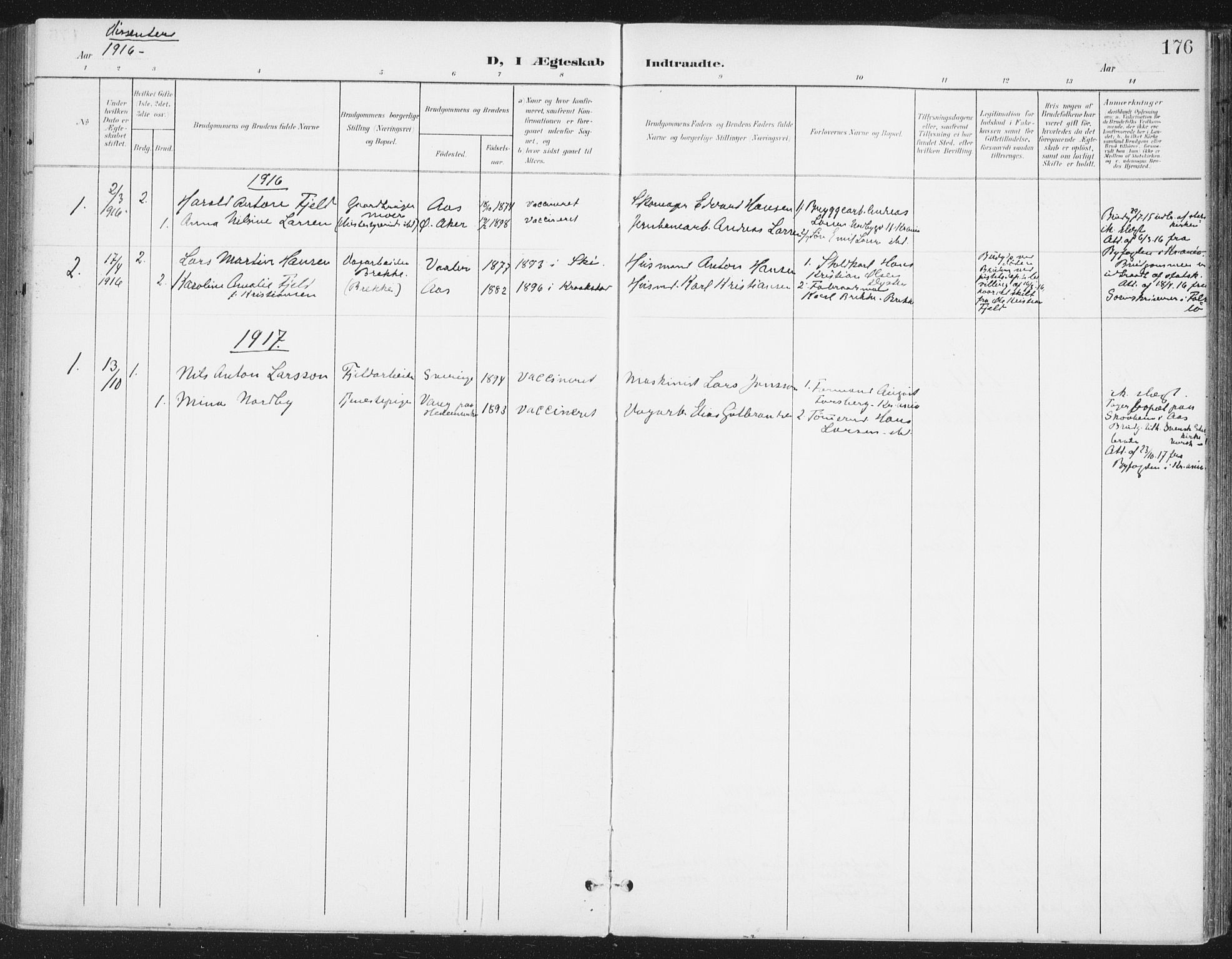 Ås prestekontor Kirkebøker, AV/SAO-A-10894/F/Fa/L0010: Ministerialbok nr. I 10, 1900-1918, s. 176