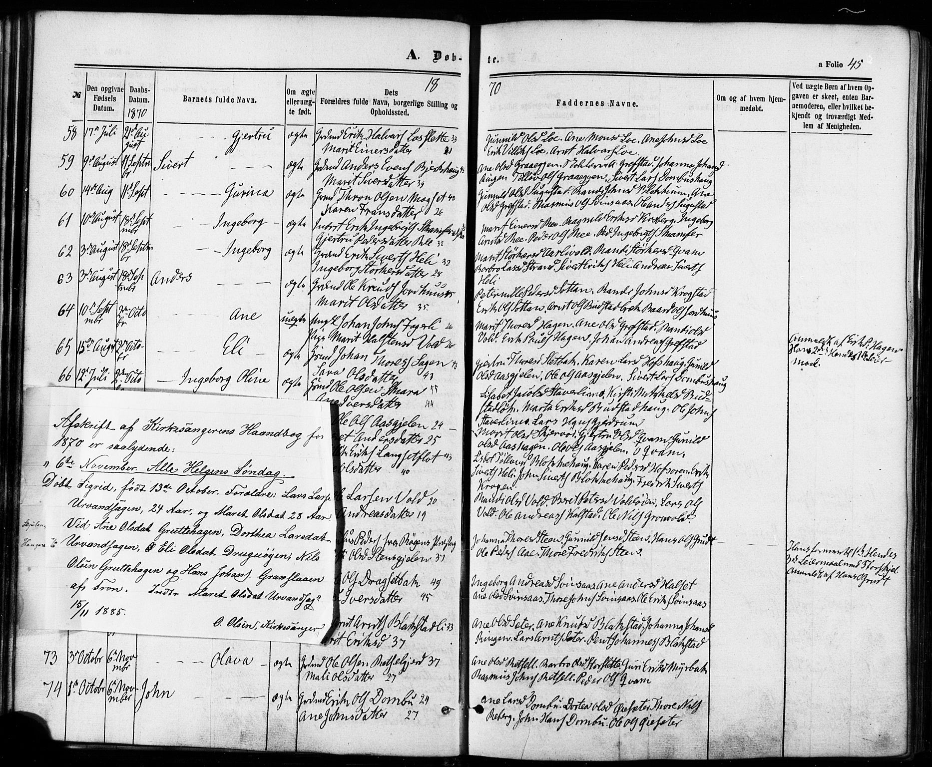 Ministerialprotokoller, klokkerbøker og fødselsregistre - Sør-Trøndelag, SAT/A-1456/672/L0856: Ministerialbok nr. 672A08, 1861-1881, s. 45