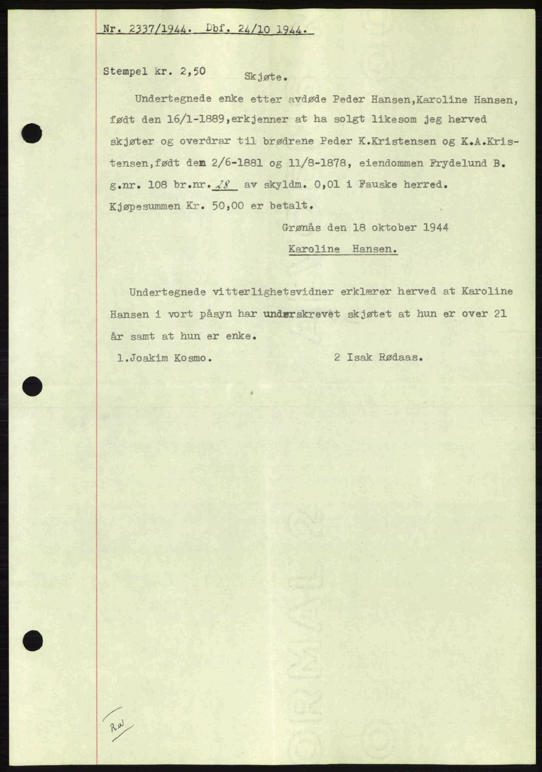 Salten sorenskriveri, SAT/A-4578/1/2/2C: Pantebok nr. A14-15, 1943-1945, Dagboknr: 2337/1944