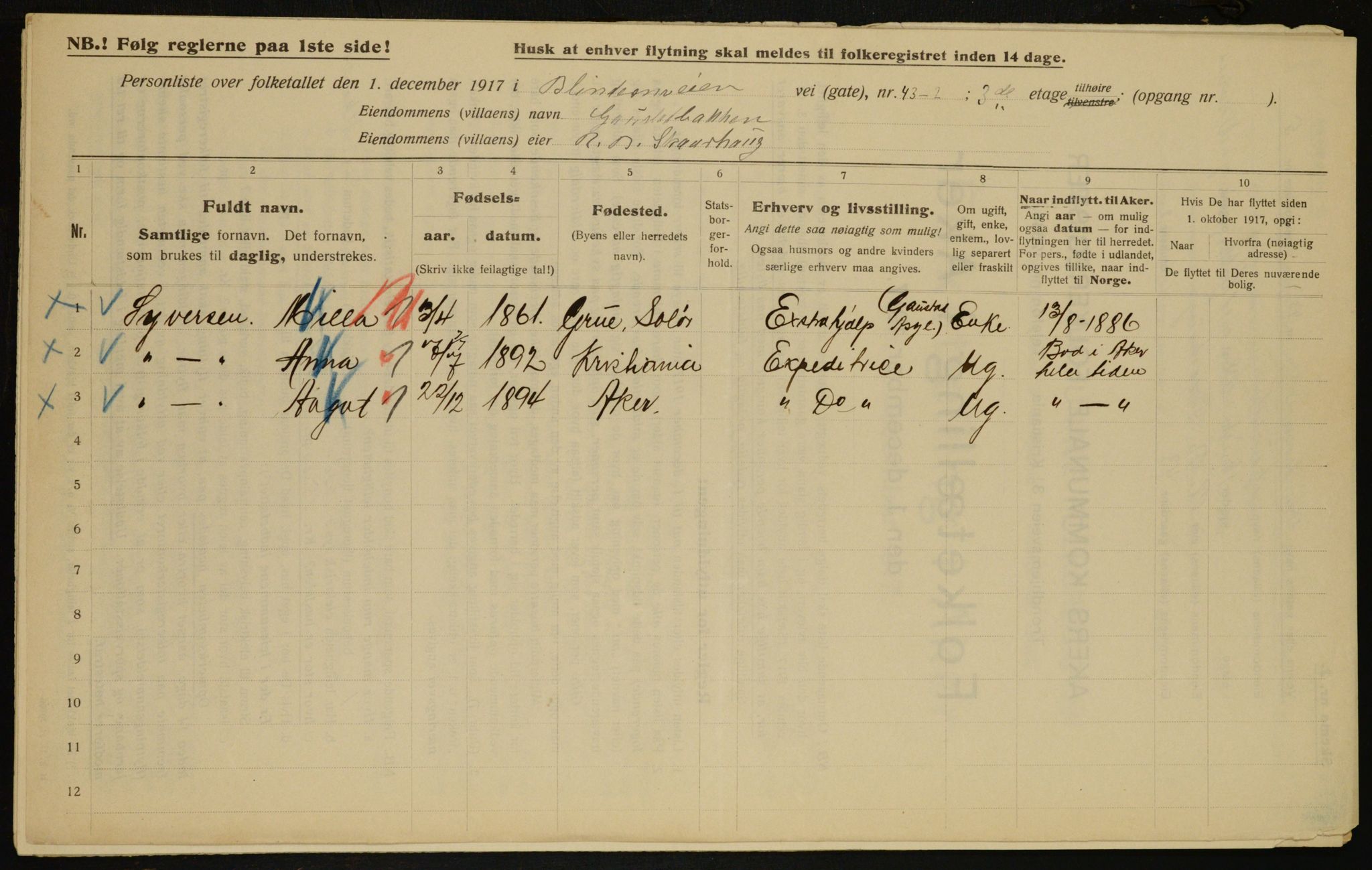 OBA, Kommunal folketelling 1.12.1917 for Aker, 1917, s. 10407