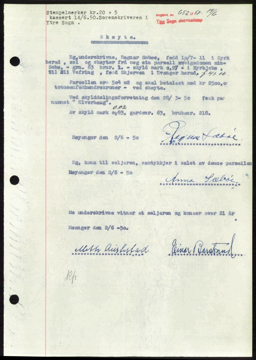 Ytre Sogn tingrett, AV/SAB-A-2601/1/G/Gbb/L0009: Pantebok nr. A6 - A7 (B4), 1950-1950, Dagboknr: 652/1950