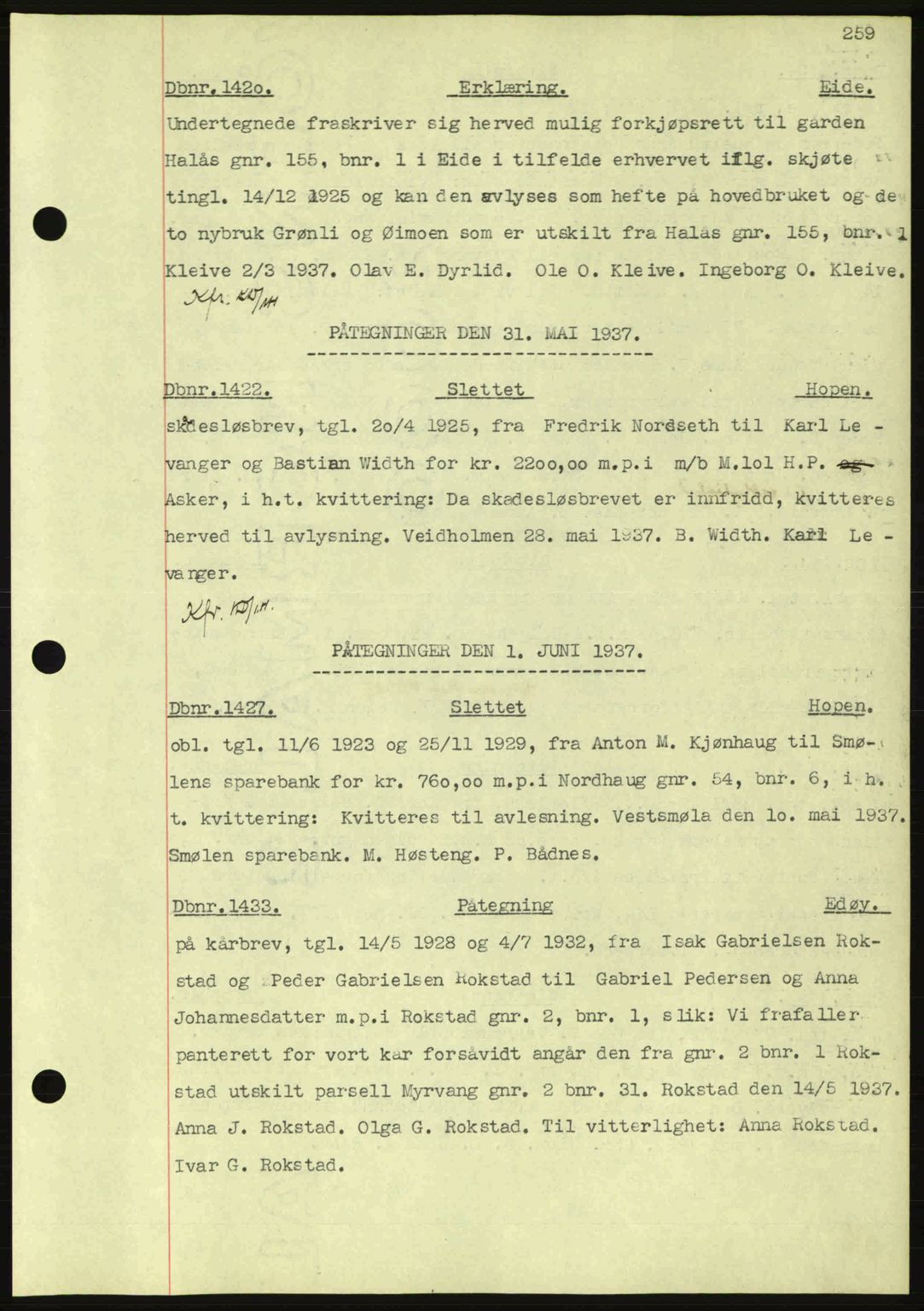 Nordmøre sorenskriveri, SAT/A-4132/1/2/2Ca: Pantebok nr. C80, 1936-1939, Dagboknr: 1420/1937
