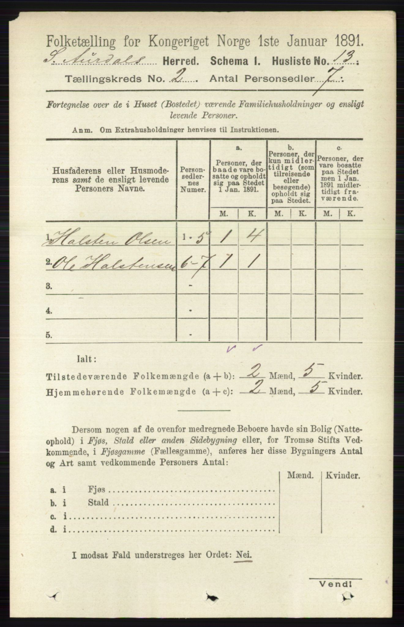 RA, Folketelling 1891 for 0540 Sør-Aurdal herred, 1891, s. 742