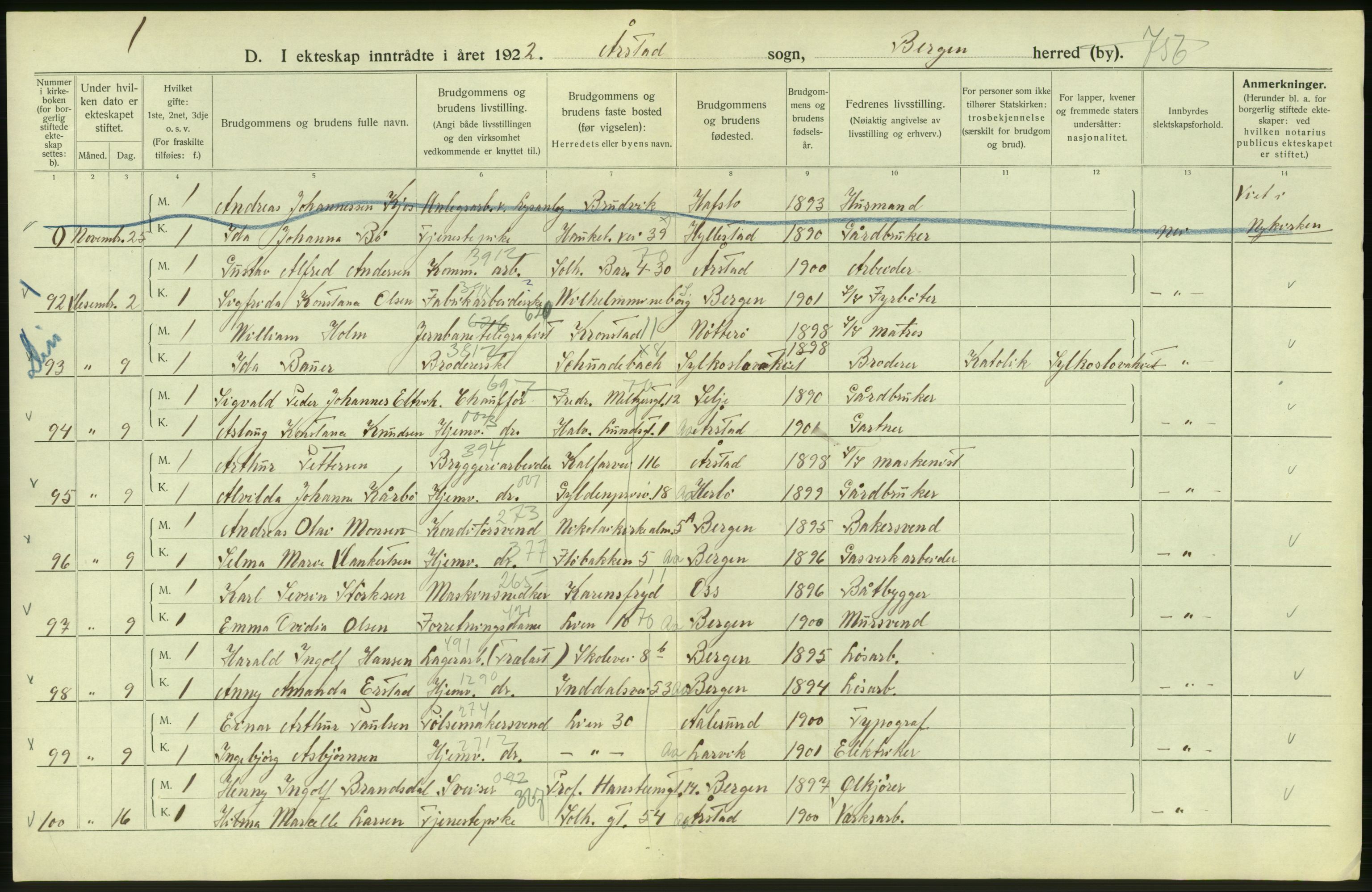 Statistisk sentralbyrå, Sosiodemografiske emner, Befolkning, AV/RA-S-2228/D/Df/Dfc/Dfcb/L0030: Bergen: Gifte, døde, dødfødte., 1922, s. 60