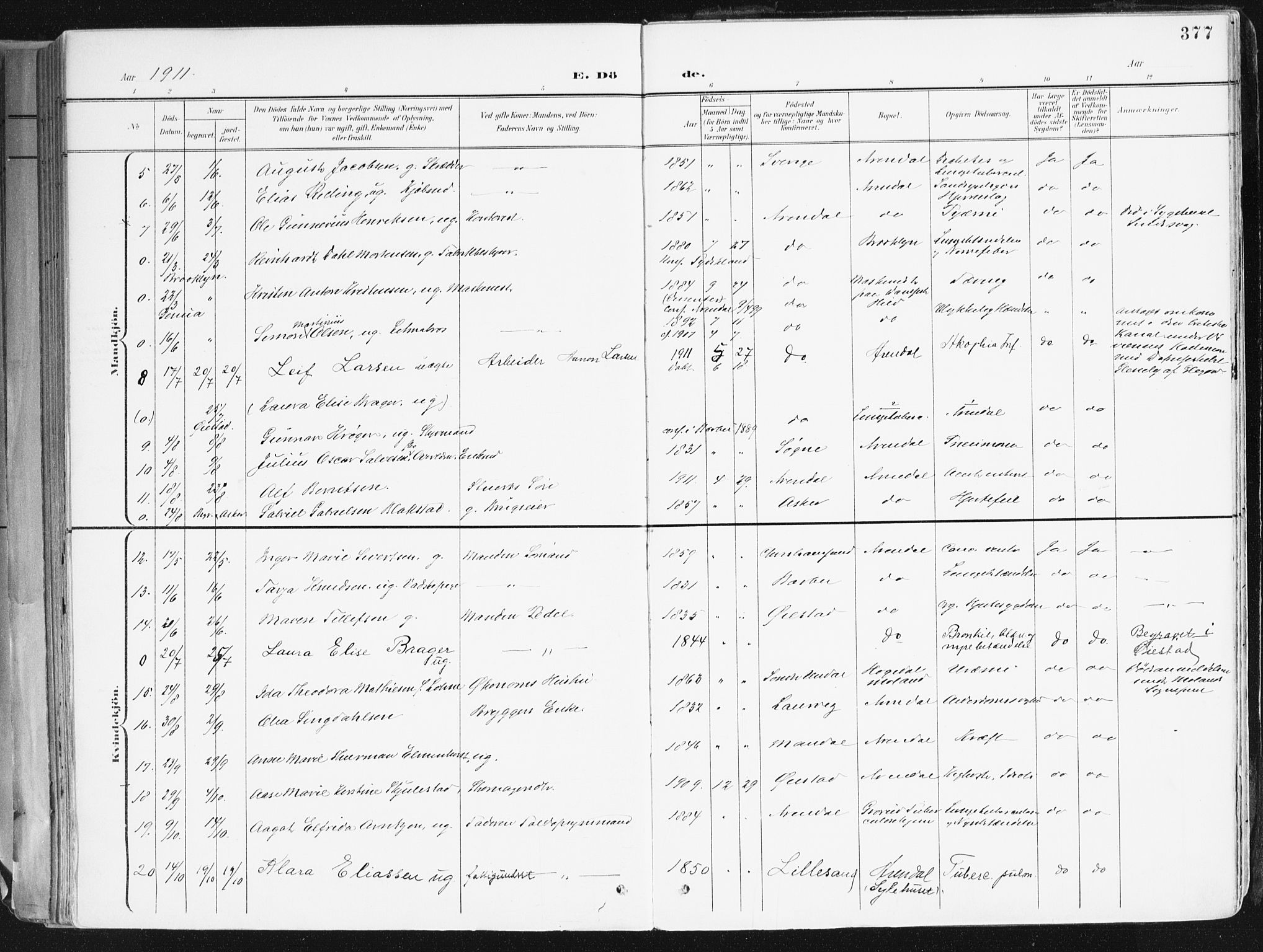 Arendal sokneprestkontor, Trefoldighet, AV/SAK-1111-0040/F/Fa/L0010: Ministerialbok nr. A 10, 1900-1919, s. 377