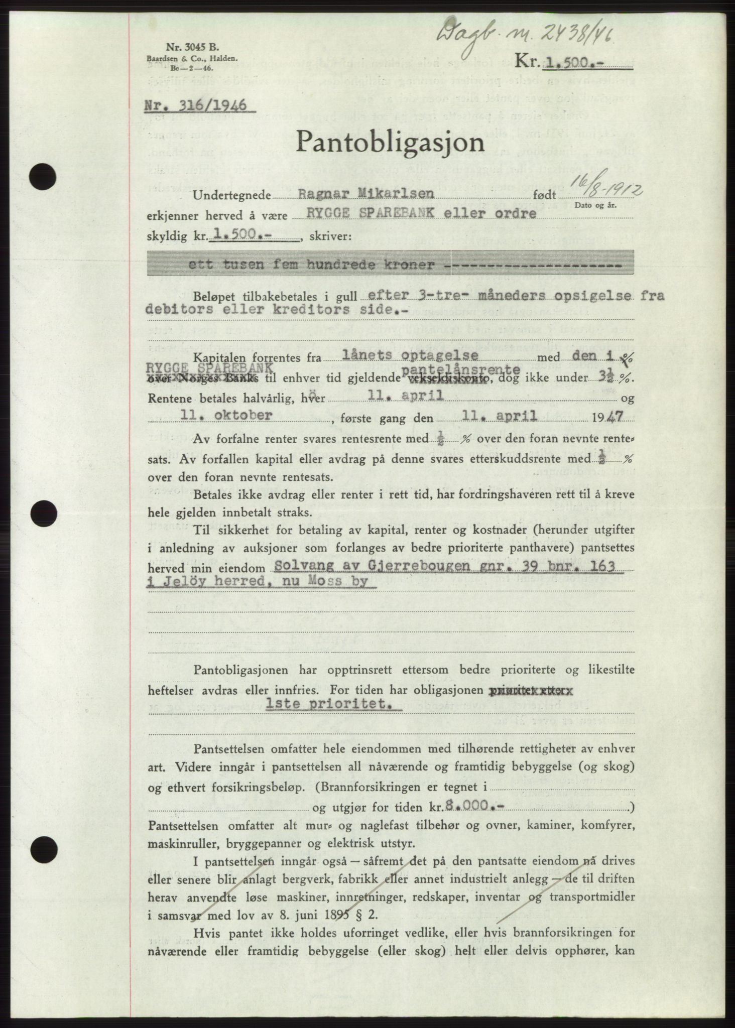 Moss sorenskriveri, SAO/A-10168: Pantebok nr. B16, 1946-1947, Dagboknr: 2438/1946