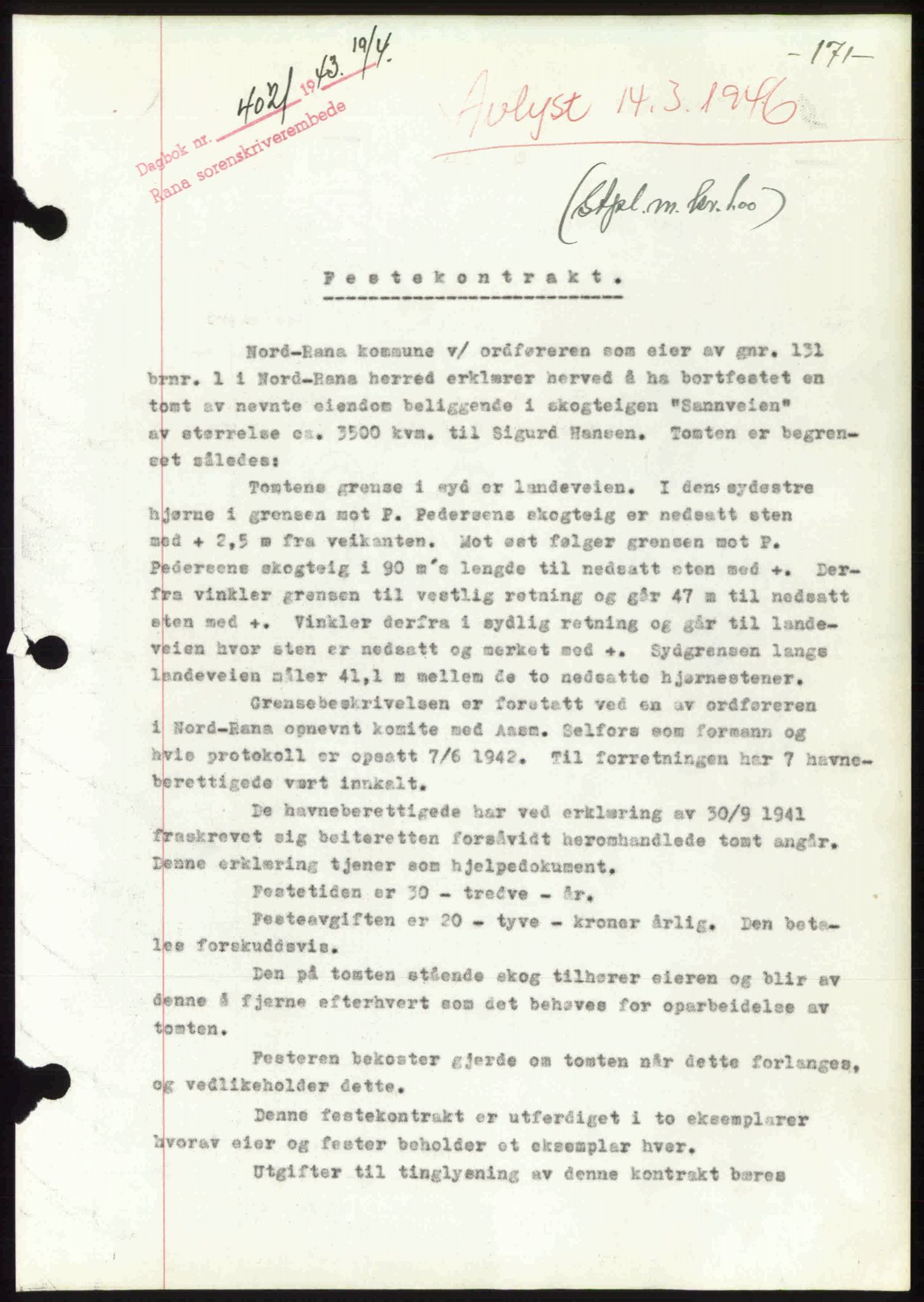 Rana sorenskriveri , SAT/A-1108/1/2/2C: Pantebok nr. A 10, 1942-1943, Dagboknr: 402/1943