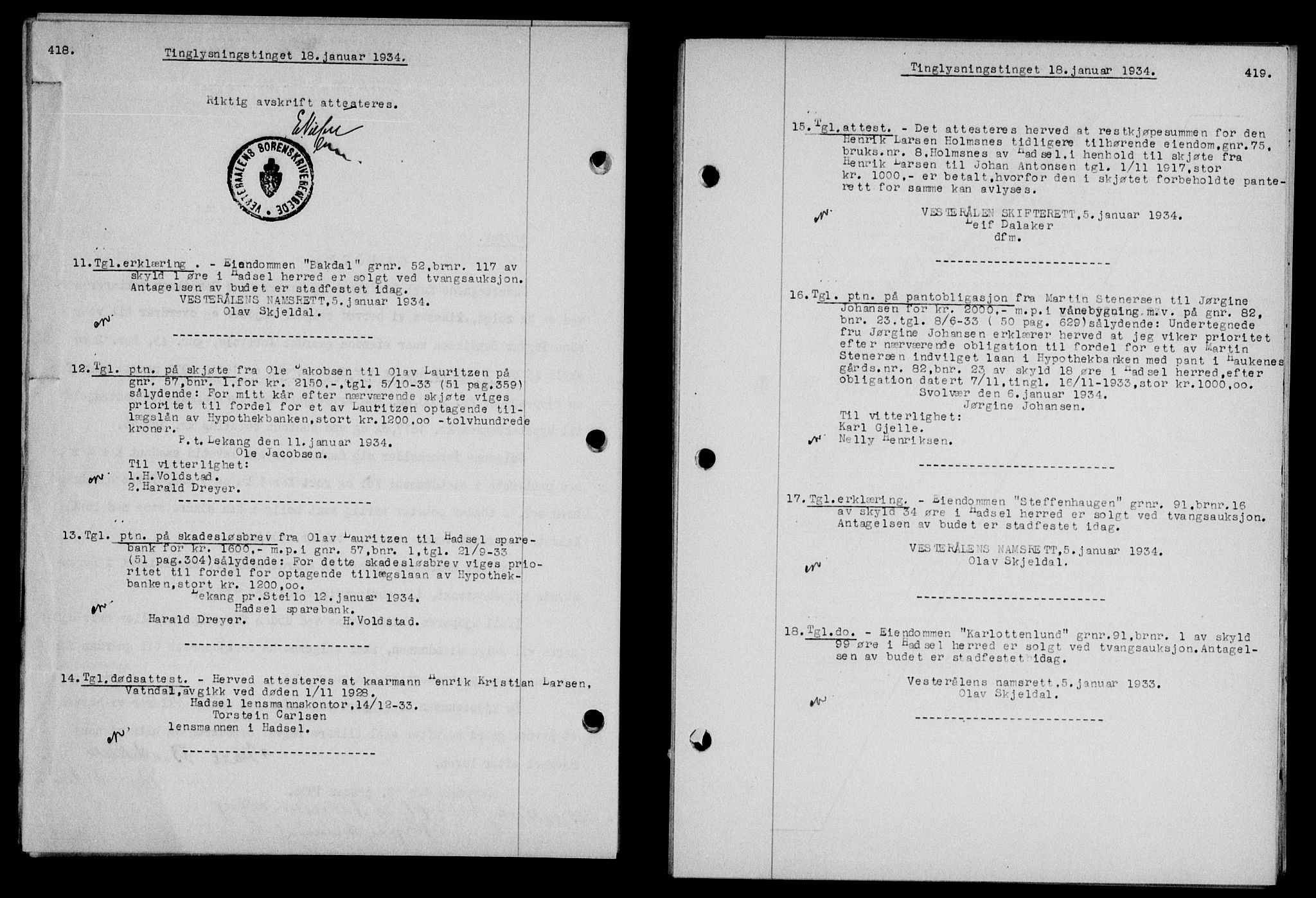 Vesterålen sorenskriveri, SAT/A-4180/1/2/2Ca/L0059: Pantebok nr. 52, 1933-1934, Tingl.dato: 18.01.1934