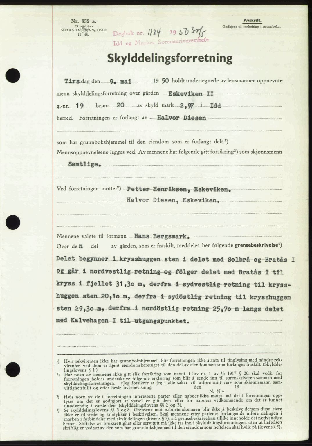 Idd og Marker sorenskriveri, AV/SAO-A-10283/G/Gb/Gbb/L0014: Pantebok nr. A14, 1950-1950, Dagboknr: 1184/1950