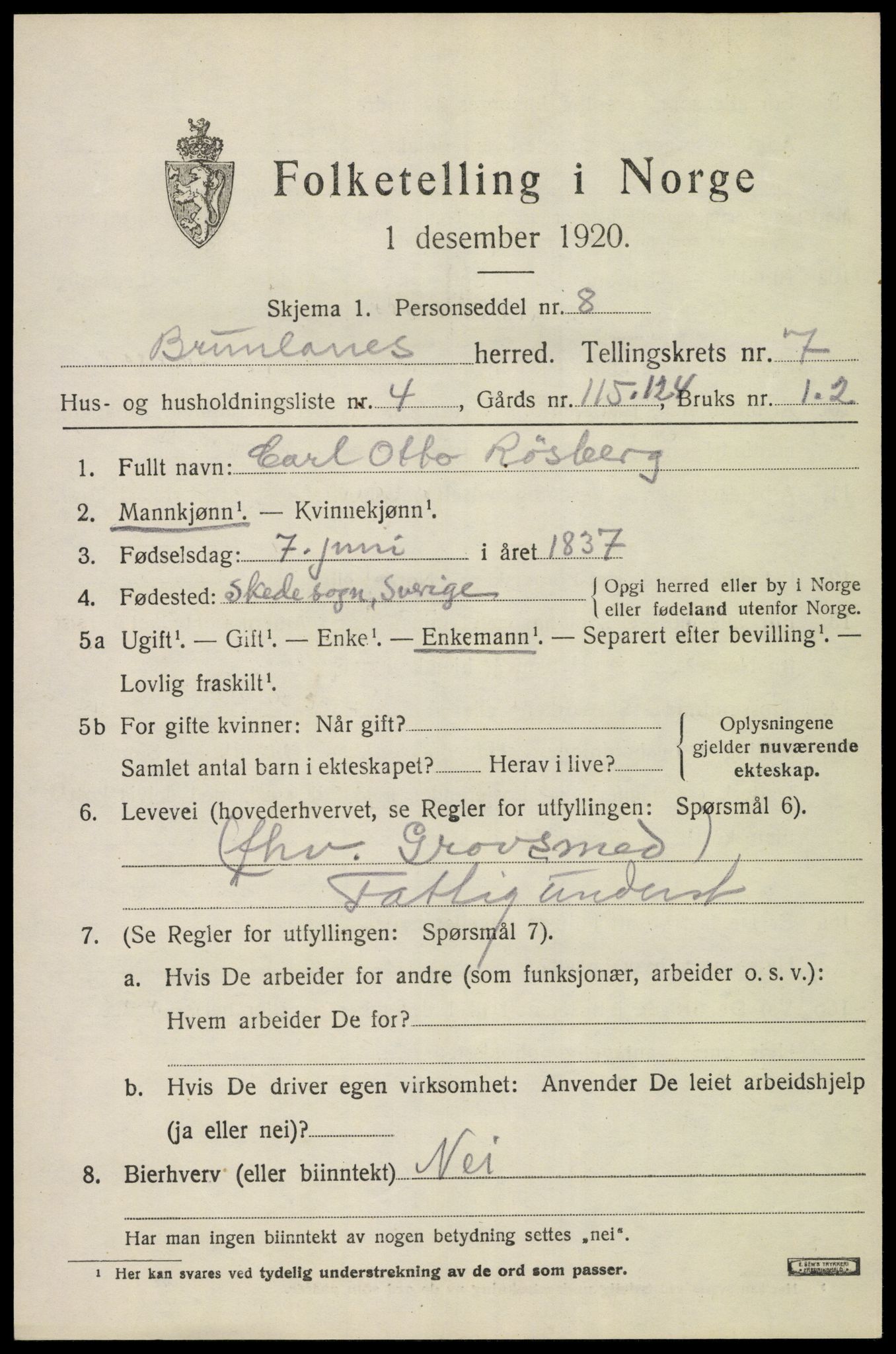 SAKO, Folketelling 1920 for 0726 Brunlanes herred, 1920, s. 7125