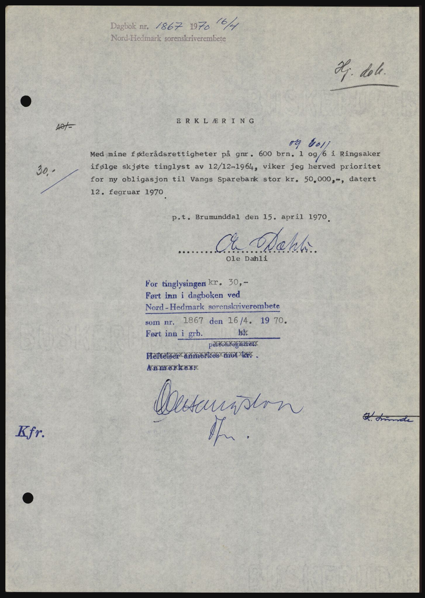 Nord-Hedmark sorenskriveri, AV/SAH-TING-012/H/Hc/L0033: Pantebok nr. 33, 1970-1970, Dagboknr: 1867/1970