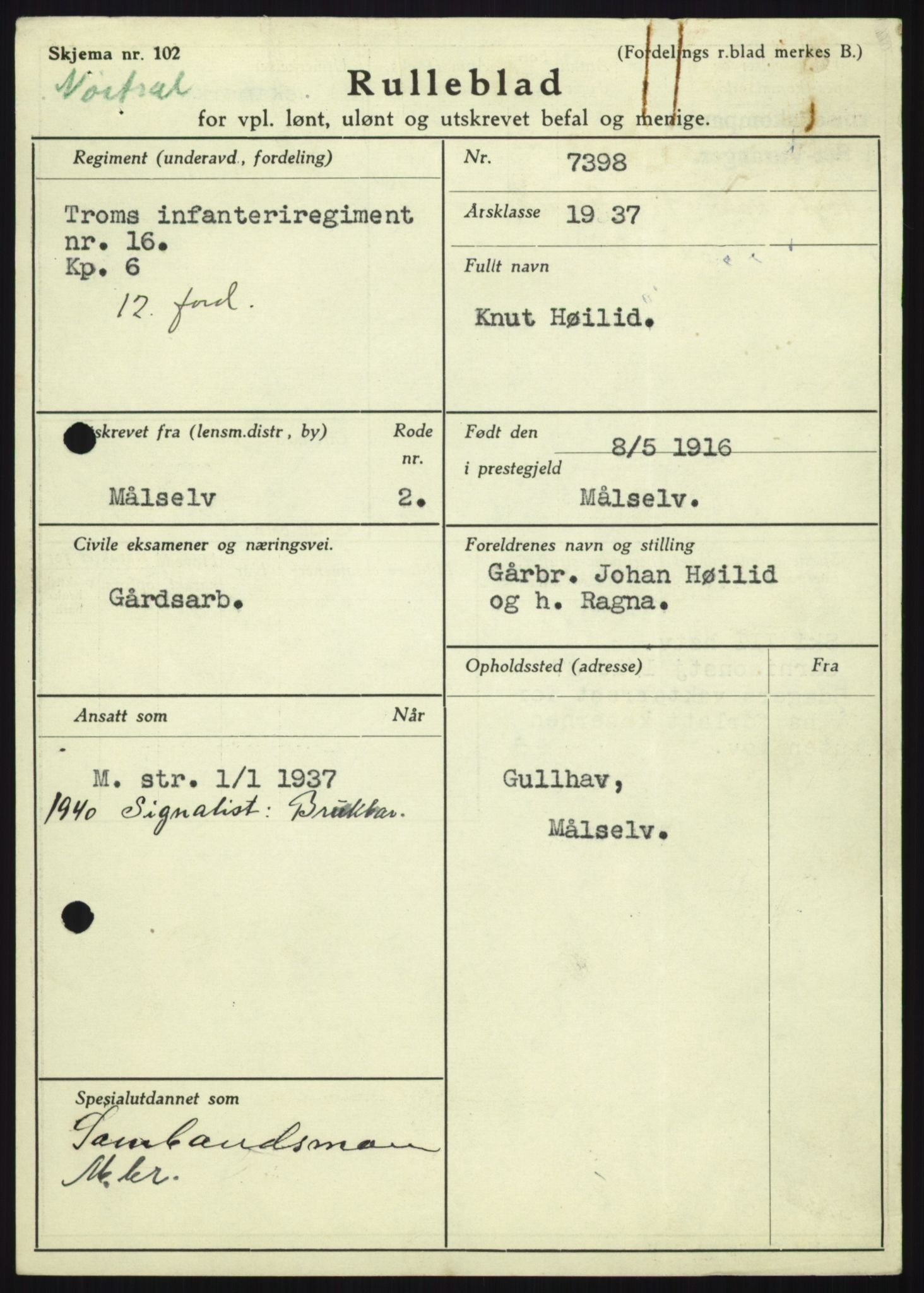 Forsvaret, Troms infanteriregiment nr. 16, AV/RA-RAFA-3146/P/Pa/L0021: Rulleblad for regimentets menige mannskaper, årsklasse 1937, 1937, s. 399