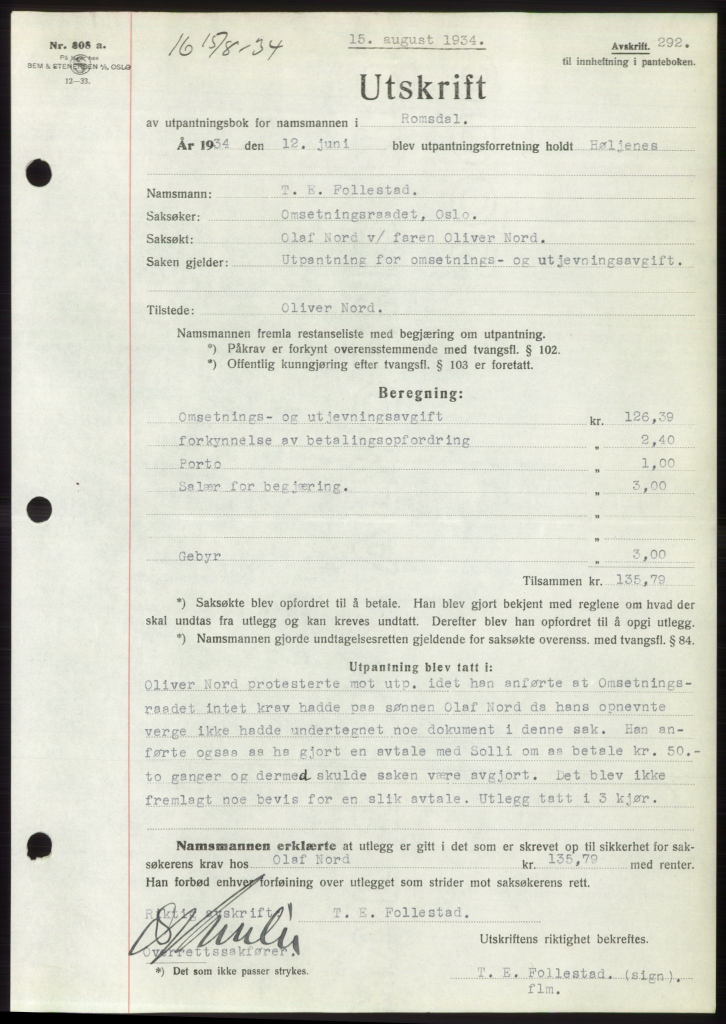 Romsdal sorenskriveri, AV/SAT-A-4149/1/2/2C/L0065: Pantebok nr. 59, 1934-1934, Tingl.dato: 15.08.1934