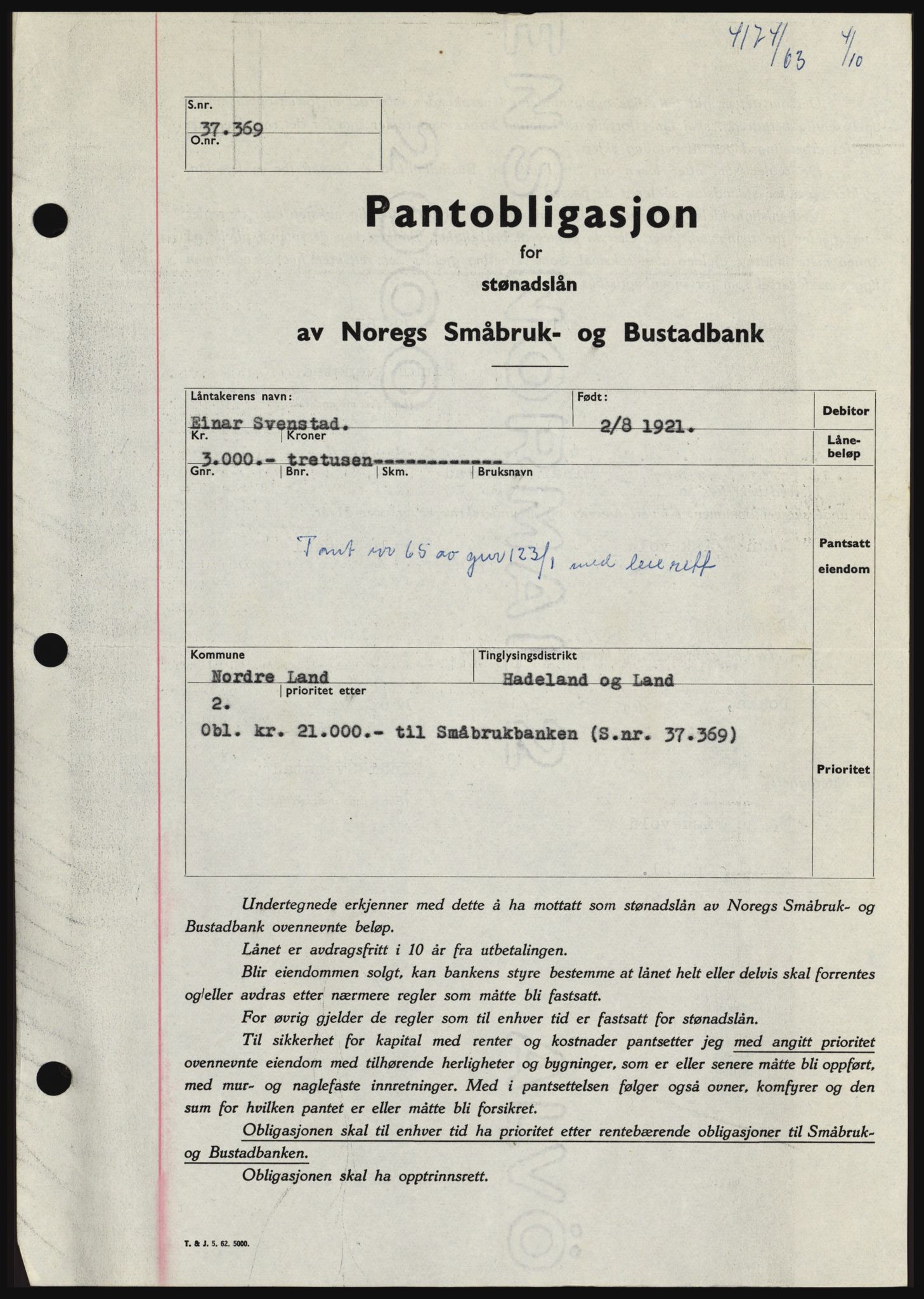 Hadeland og Land tingrett, SAH/TING-010/H/Hb/Hbc/L0052: Pantebok nr. B52, 1963-1963, Dagboknr: 4174/1963