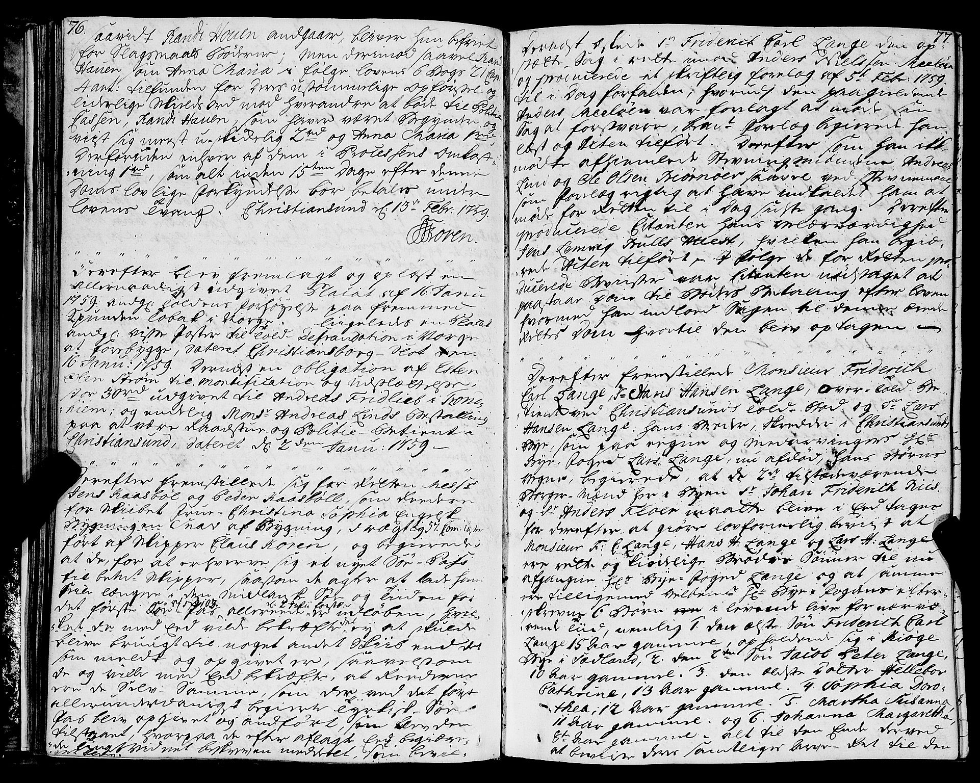 Kristiansund byfogd, AV/SAT-A-4587/A/01/L0003: Justisprotokoll. Aut. 19.06.1758. m/register, 1758-1773, s. 76-77