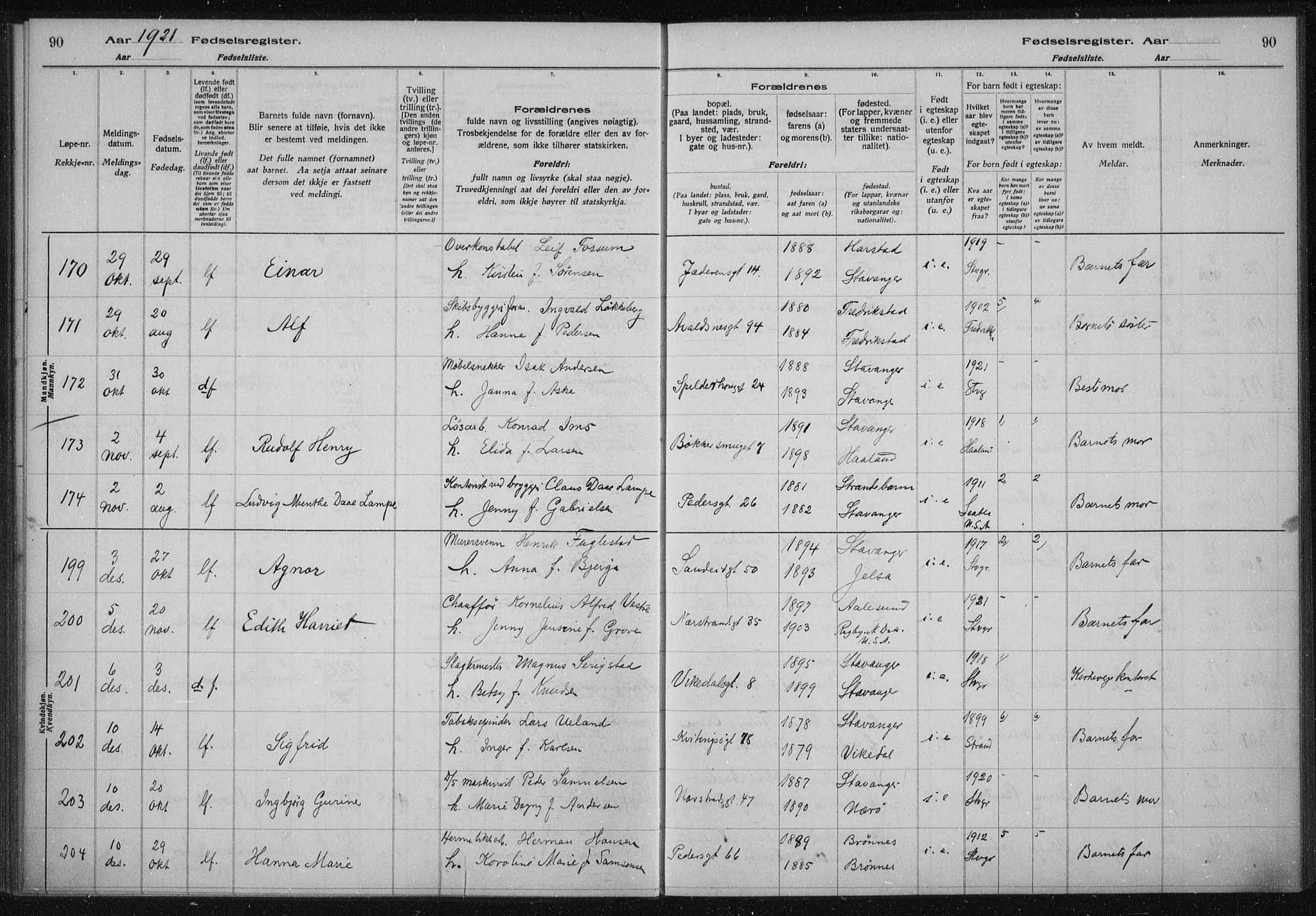 St. Johannes sokneprestkontor, AV/SAST-A-101814/002/A/L0002: Fødselsregister nr. 2, 1919-1924, s. 90